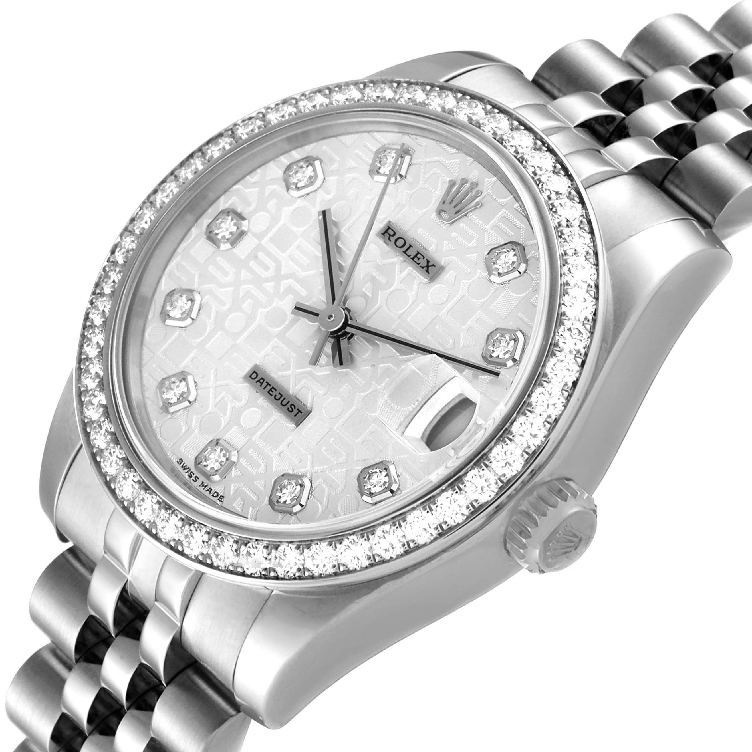 This image shows the face and bracelet of a mid-size Rolex Datejust watch at a slight angle.