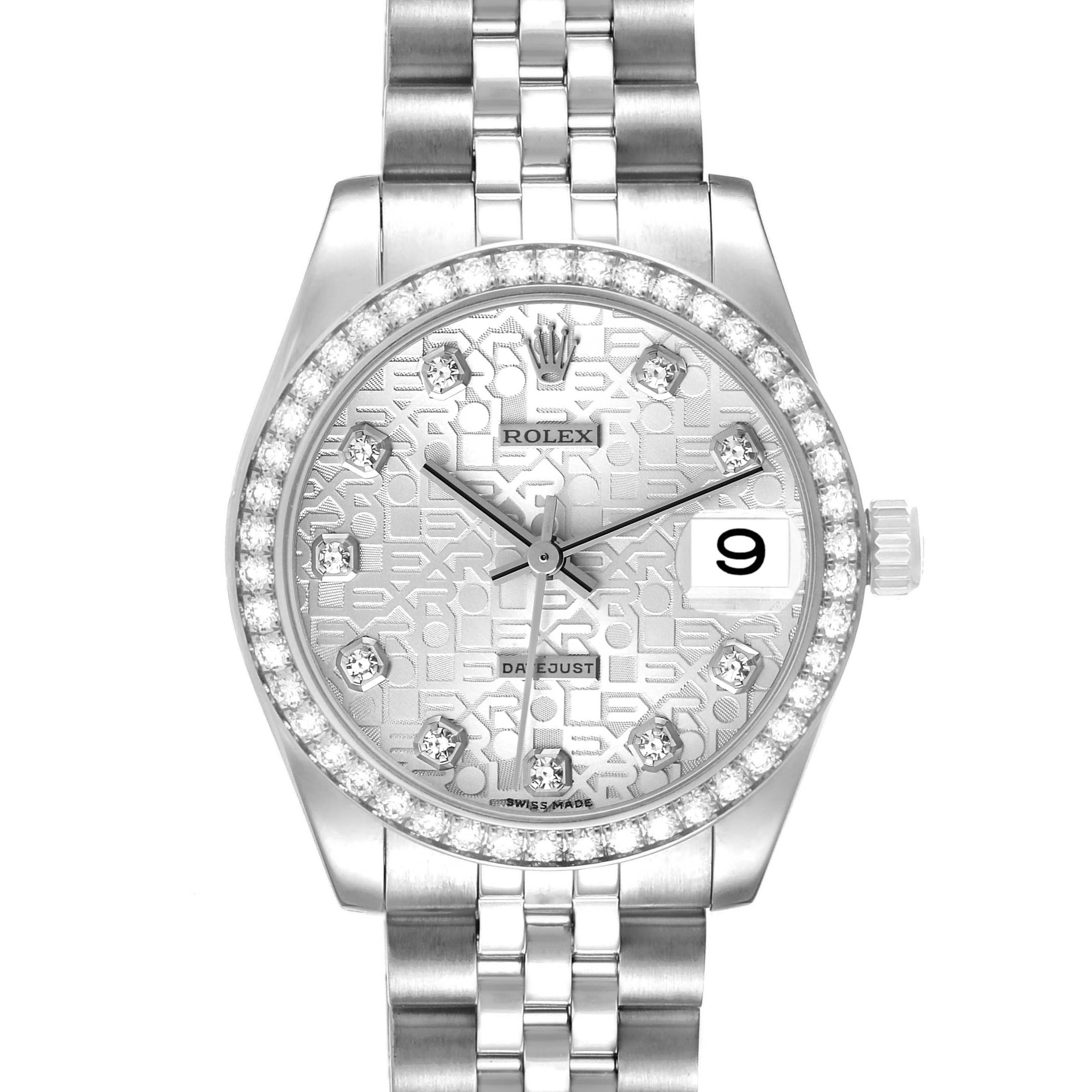 This image shows a front view of a mid-size Rolex watch, displaying its face, bezel, and part of the bracelet.