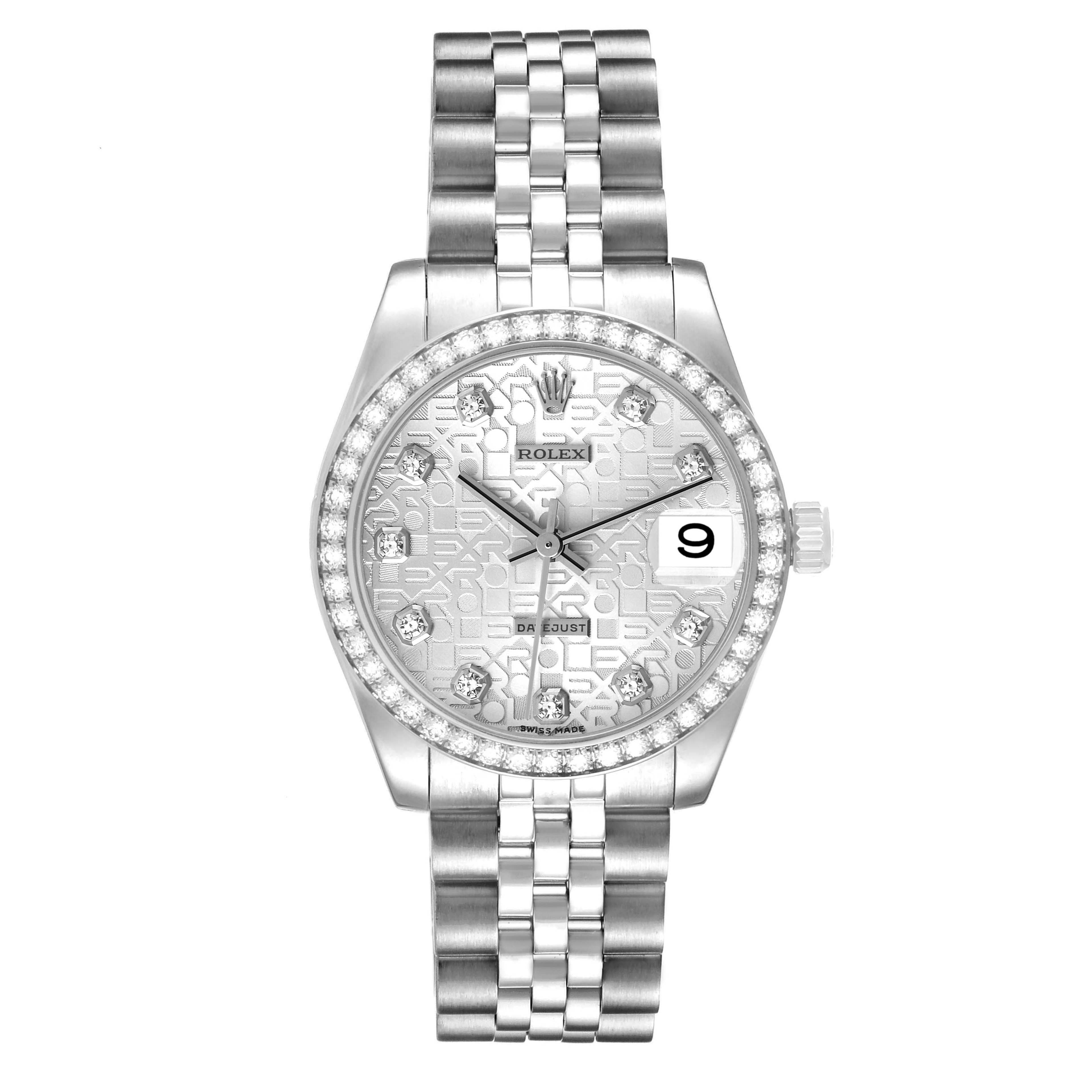 This Rolex Mid-Size 178384 Women's Stainless Steel Silver Dial 178384 Women's Stainless Steel Silver Dial model watch is shown from the front, displaying the dial, bezel, and bracelet.