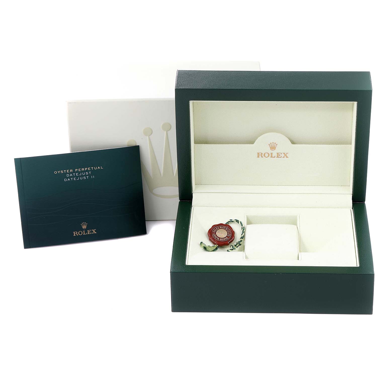 The image shows the open box, tag, and manual for a Rolex Mid-Size 178384 Women's Stainless Steel Silver Dial 178384 Women's Stainless Steel Silver Dial Oyster Perpetual Datejust II.