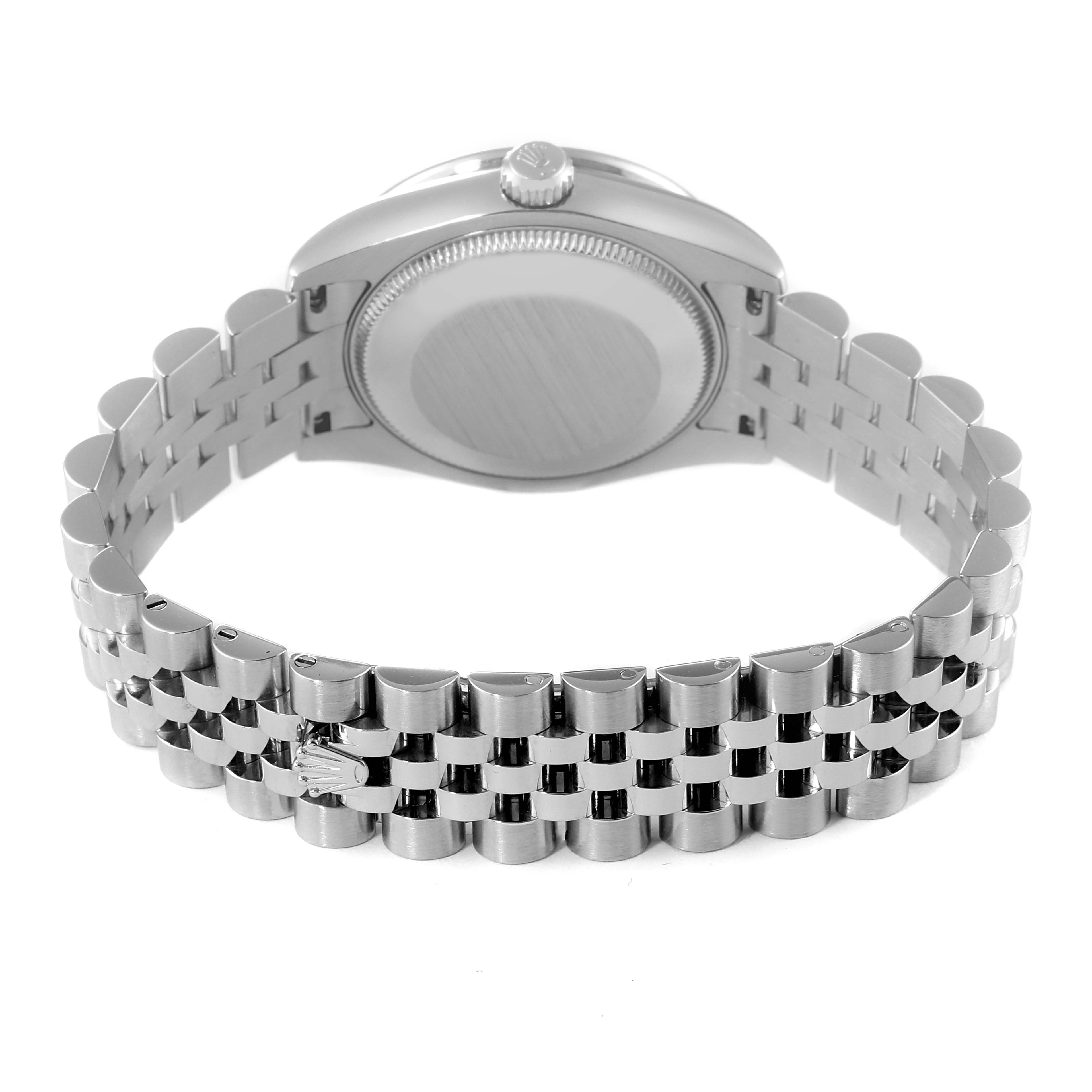 This image shows the back side and bracelet of a Rolex Mid-Size 178384 Women's Stainless Steel Silver Dial 178384 Women's Stainless Steel Silver Dial watch from a rear angle.