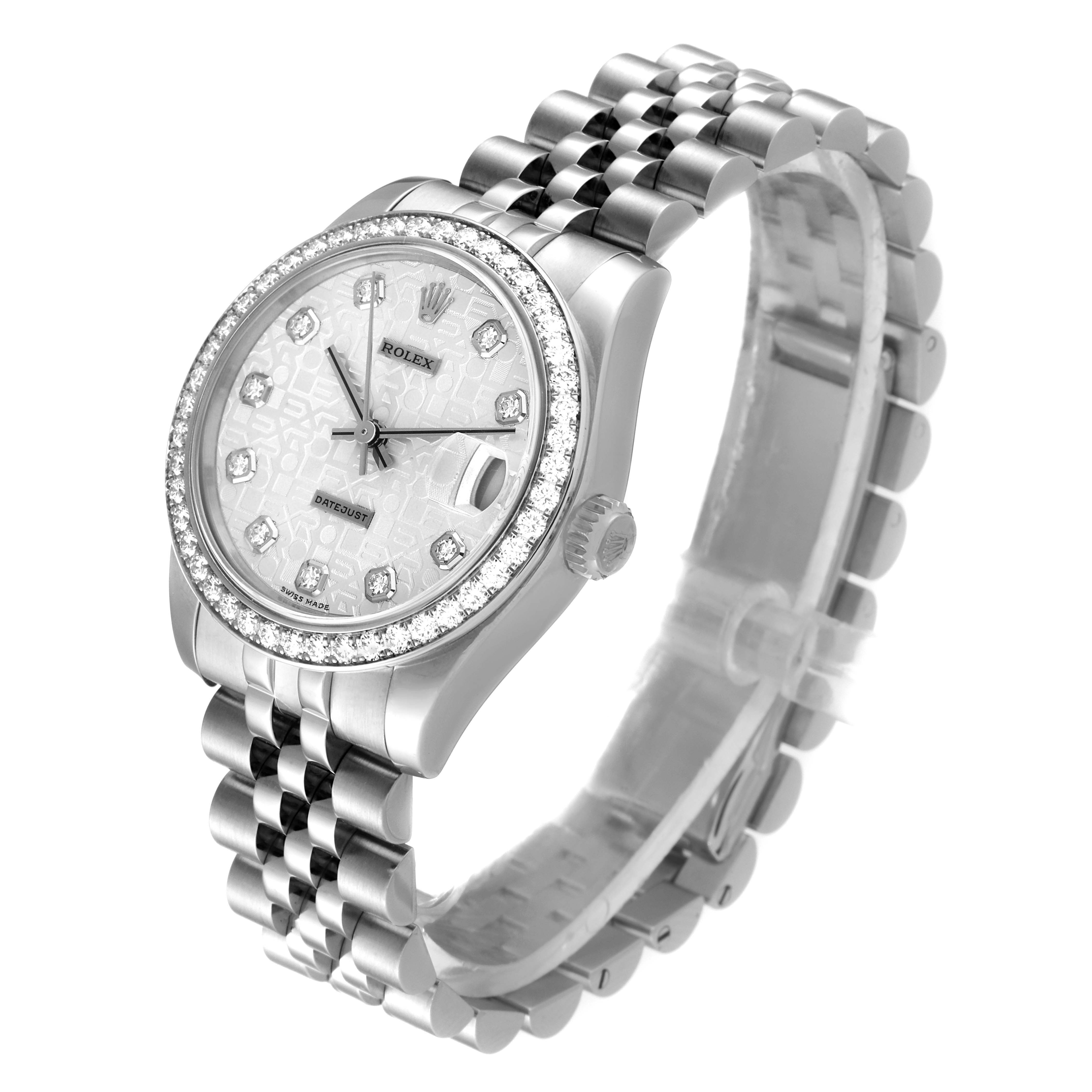 This image shows a Rolex Mid-Size 178384 Women's Stainless Steel Silver Dial 178384 Women's Stainless Steel Silver Dial watch at a three-quarter angle, highlighting its diamond bezel, patterned dial, and bracelet.