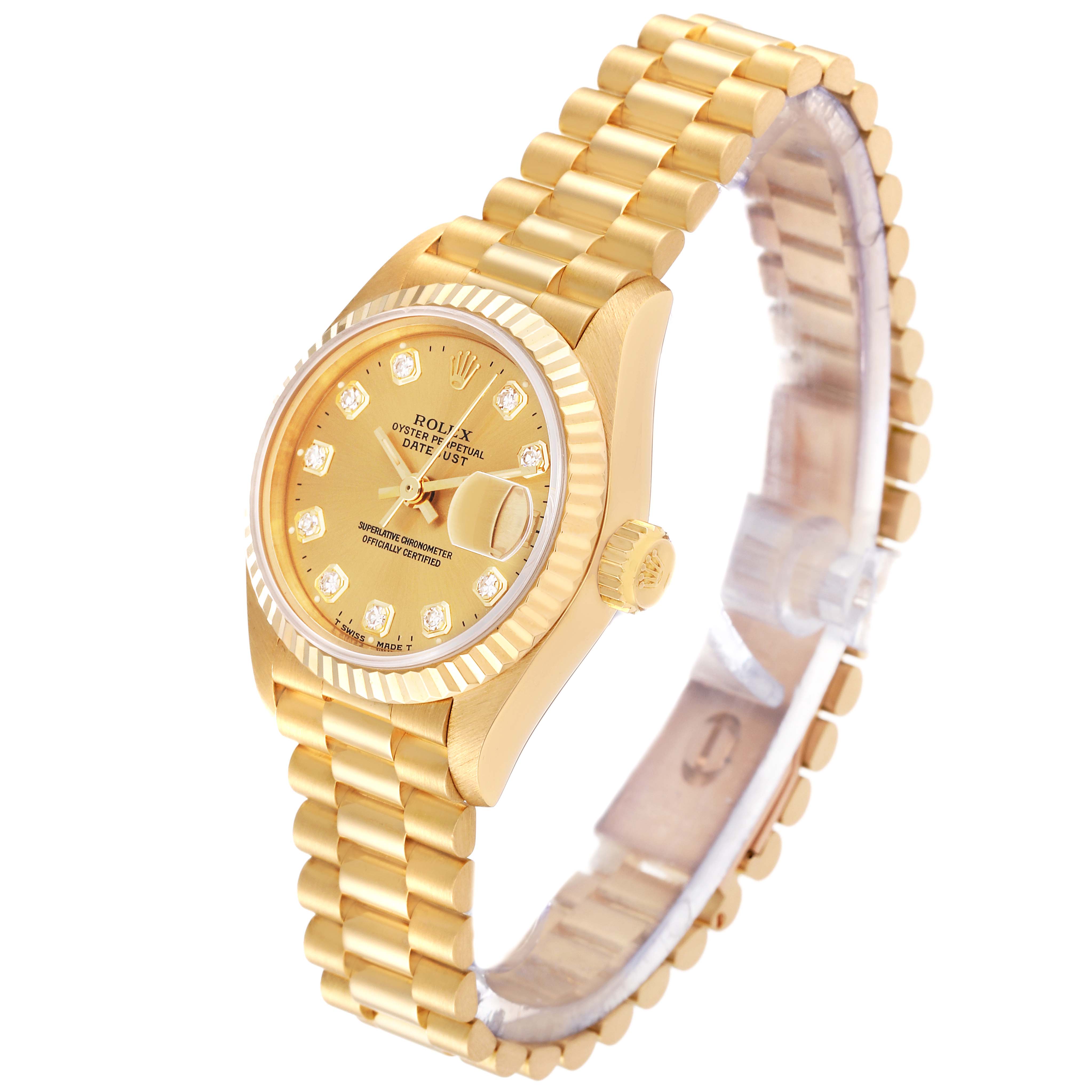 This image shows a side and front angle of the Rolex President 69178G Women
s Yellow Gold Champagne Dial 69178G Women
s Yellow Gold Champagne Dial model, featuring its gold bracelet, crown, and dial with diamond markers.
