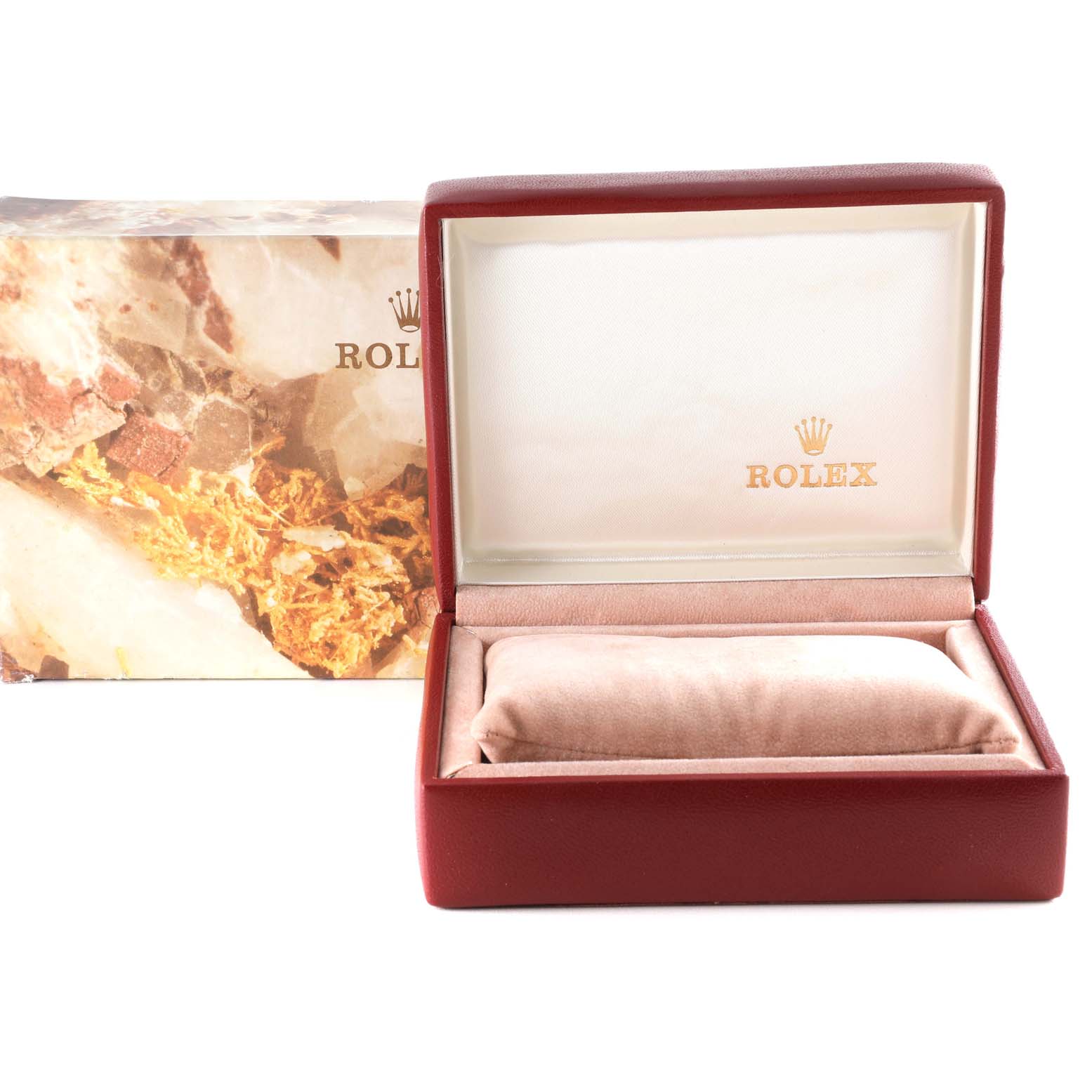 The image shows an open Rolex President 69178G Women
s Yellow Gold Champagne Dial 69178G Women
s Yellow Gold Champagne Dial model watch box and its outer packaging from a front angle.