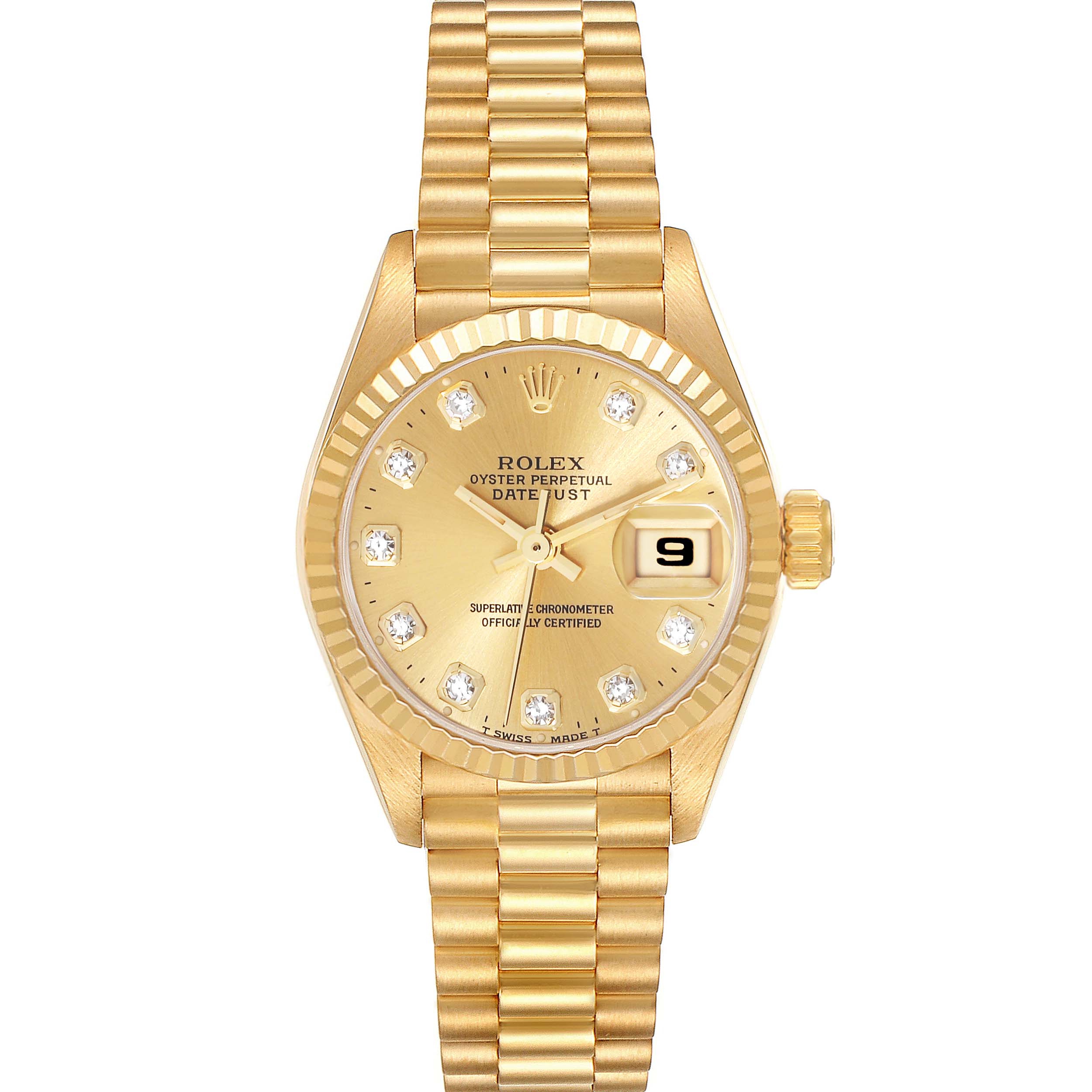 This image shows a Rolex President 69178G Women
s Yellow Gold Champagne Dial 69178G Women
s Yellow Gold Champagne Dial model watch viewed from the front, highlighting its gold bracelet and diamond hour markers.