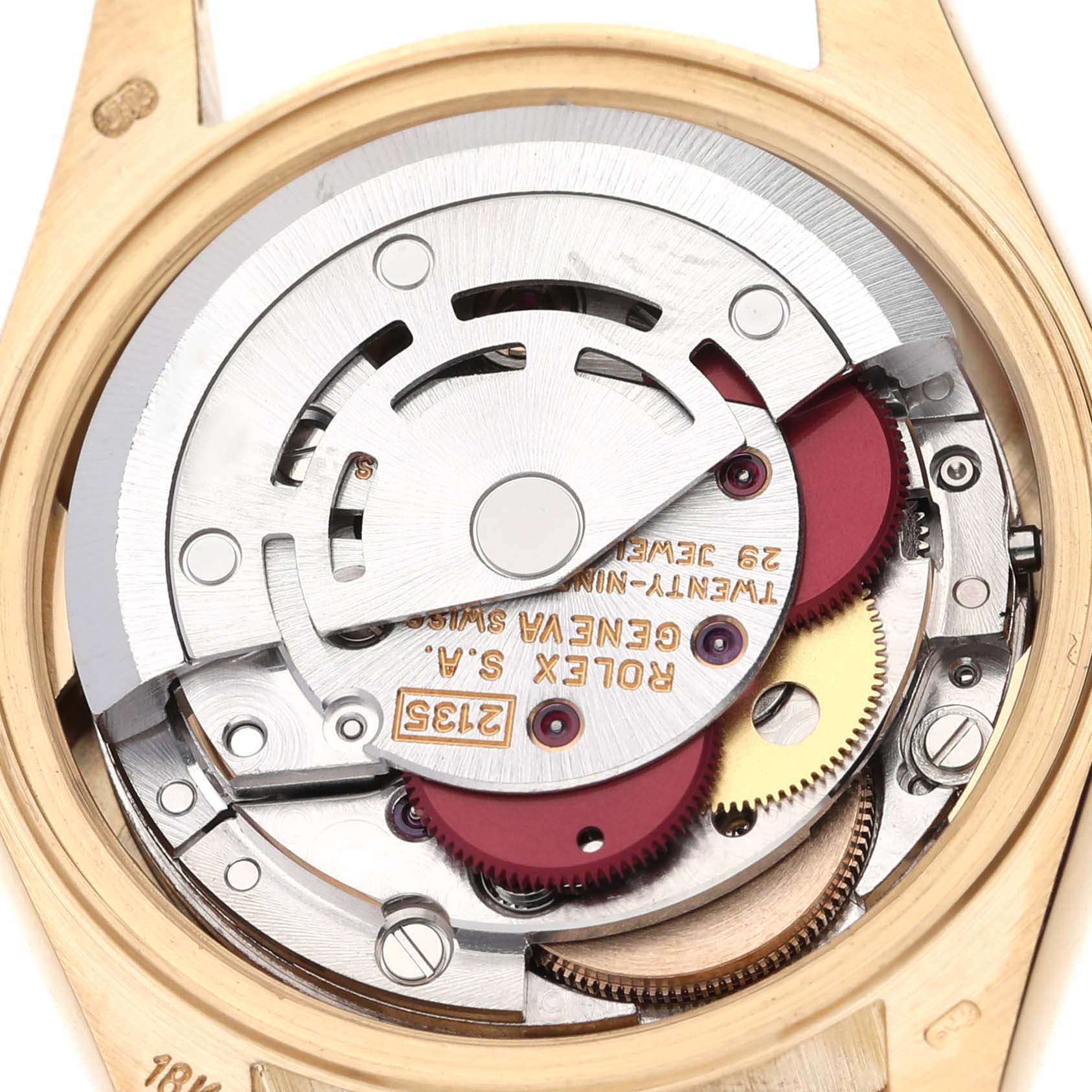 This is an inside view of the Rolex President 69178G Women
s Yellow Gold Champagne Dial 69178G Women
s Yellow Gold Champagne Dial model, showing the intricate inner mechanism and movement assembly.