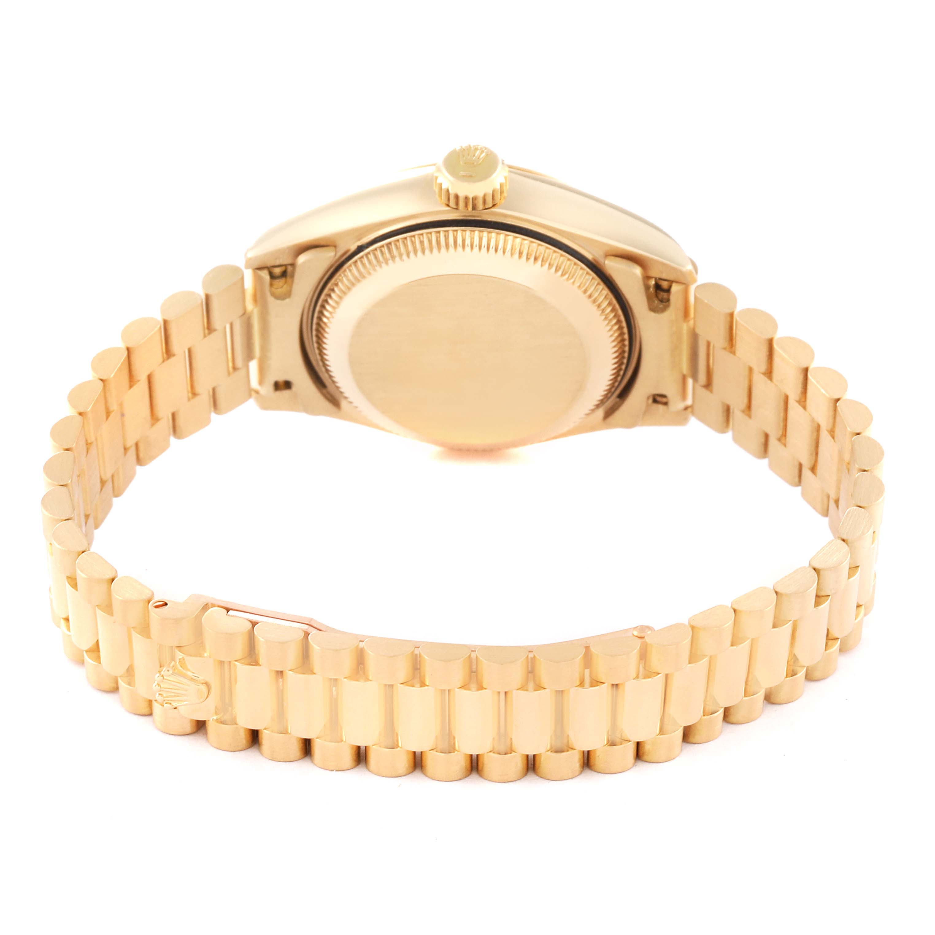 This image shows the back view of the Rolex President 69178G Women
s Yellow Gold Champagne Dial 69178G Women
s Yellow Gold Champagne Dial model, highlighting its bracelet and closed case back, including the crown.