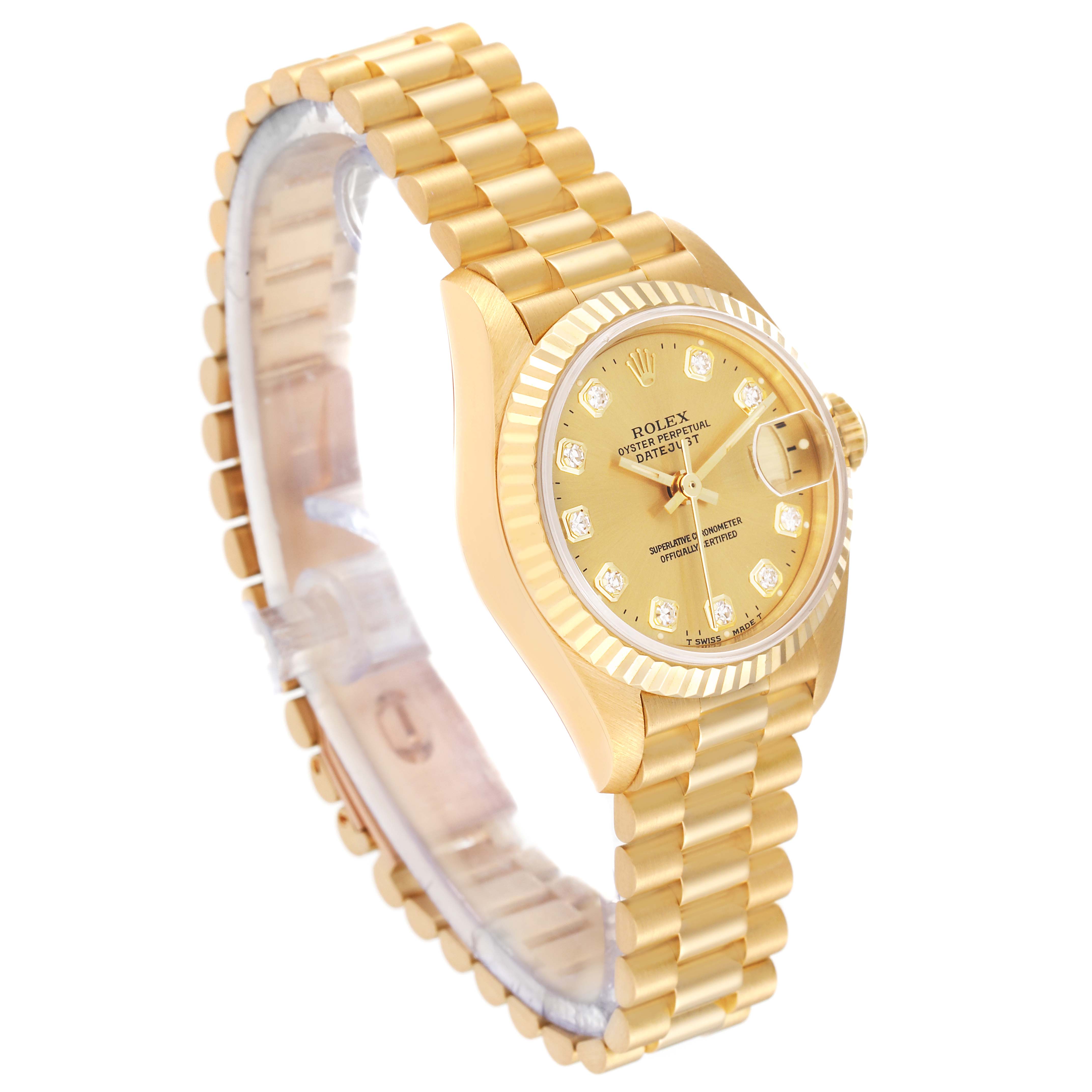 The Rolex President 69178G Women
s Yellow Gold Champagne Dial 69178G Women
s Yellow Gold Champagne Dial model watch is shown at a slight angle, highlighting its bracelet, bezel, and face with diamond markers.