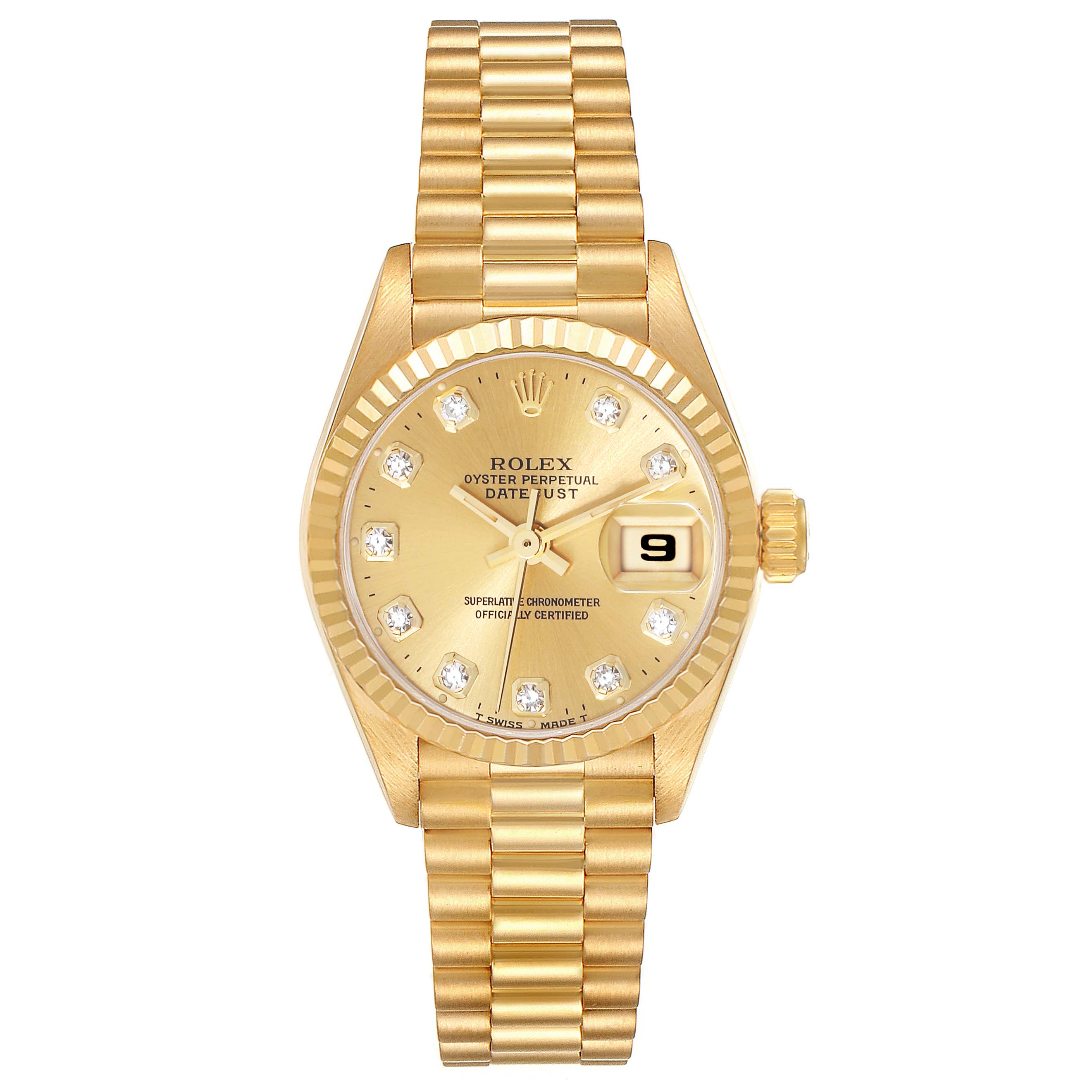 The image shows a front view of a Rolex President 69178G Women
s Yellow Gold Champagne Dial 69178G Women
s Yellow Gold Champagne Dial model watch, displaying the dial, bezel, case, bracelet, and date window.