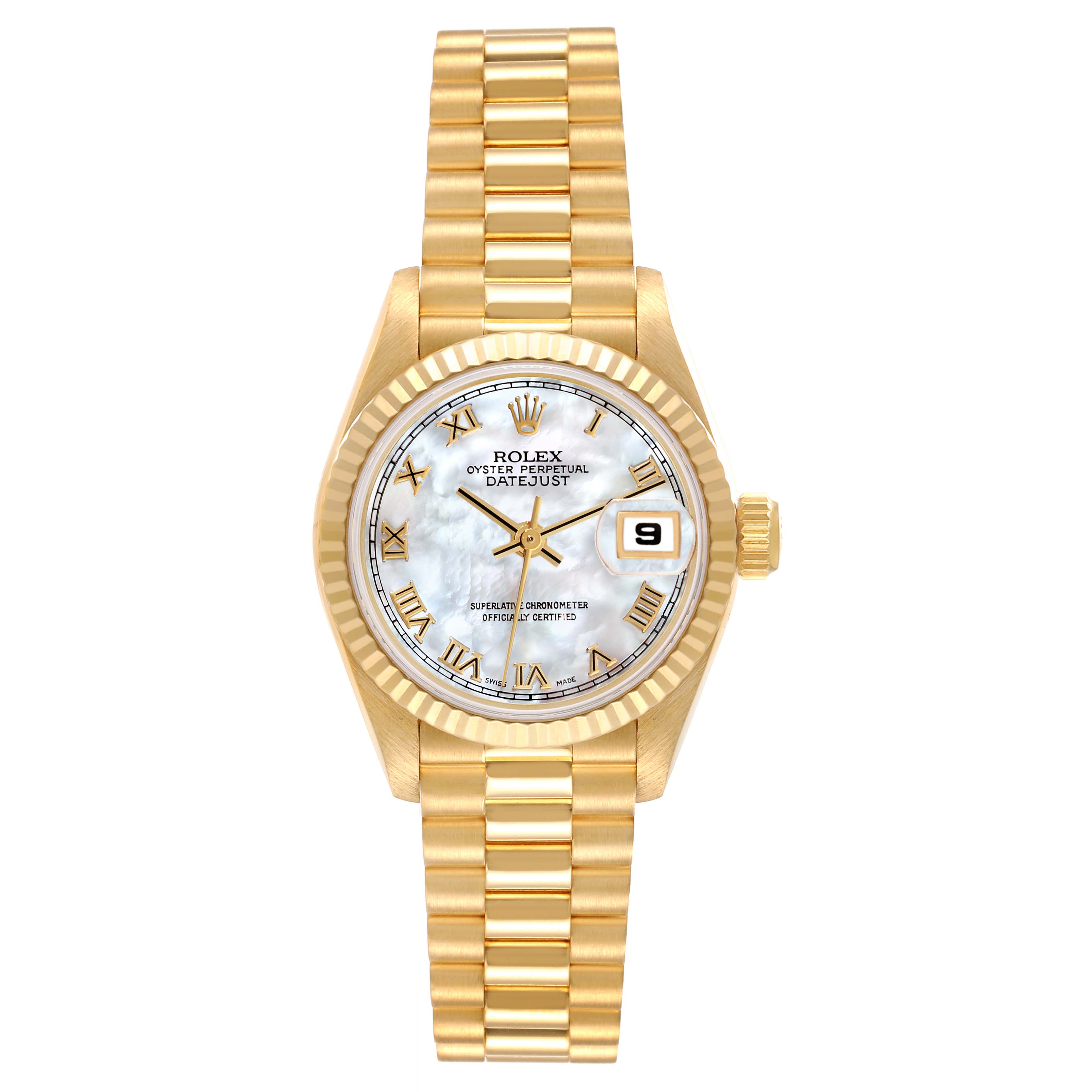 The Rolex President 69178GNR Women's Yellow Gold Mother of Pearl Dial 69178GNR Women's Yellow Gold Mother of Pearl Dial model watch is shown from a top-down angle, highlighting its gold band, bezel, and dial with Roman numerals.