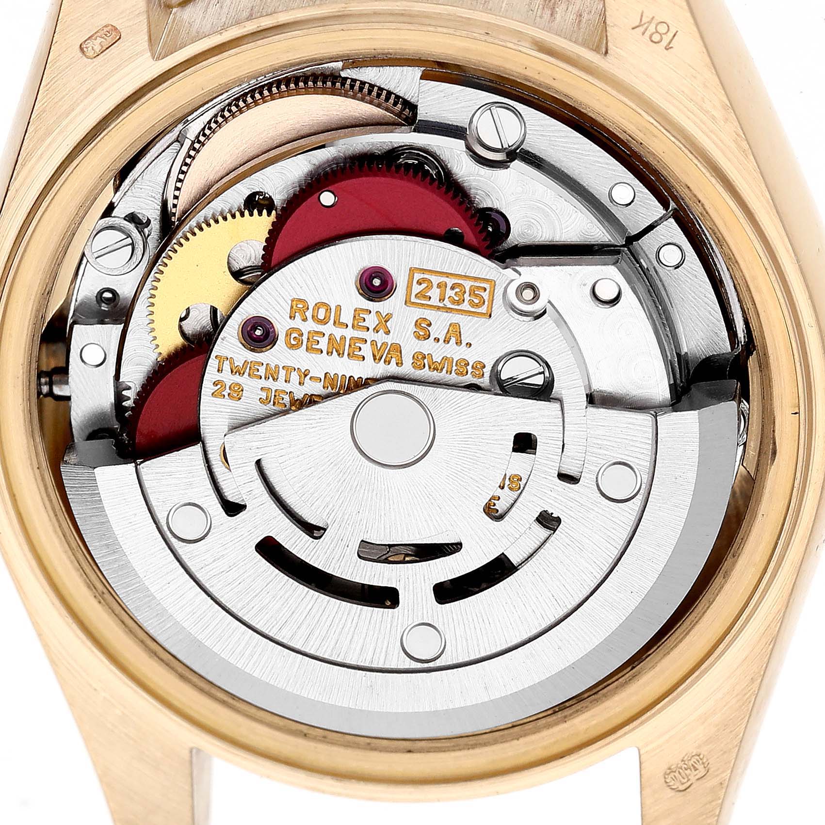 The image shows the back interior view of a Rolex President 69178GNR Women's Yellow Gold Mother of Pearl Dial 69178GNR Women's Yellow Gold Mother of Pearl Dial model watch, showcasing its movement and mechanical parts.