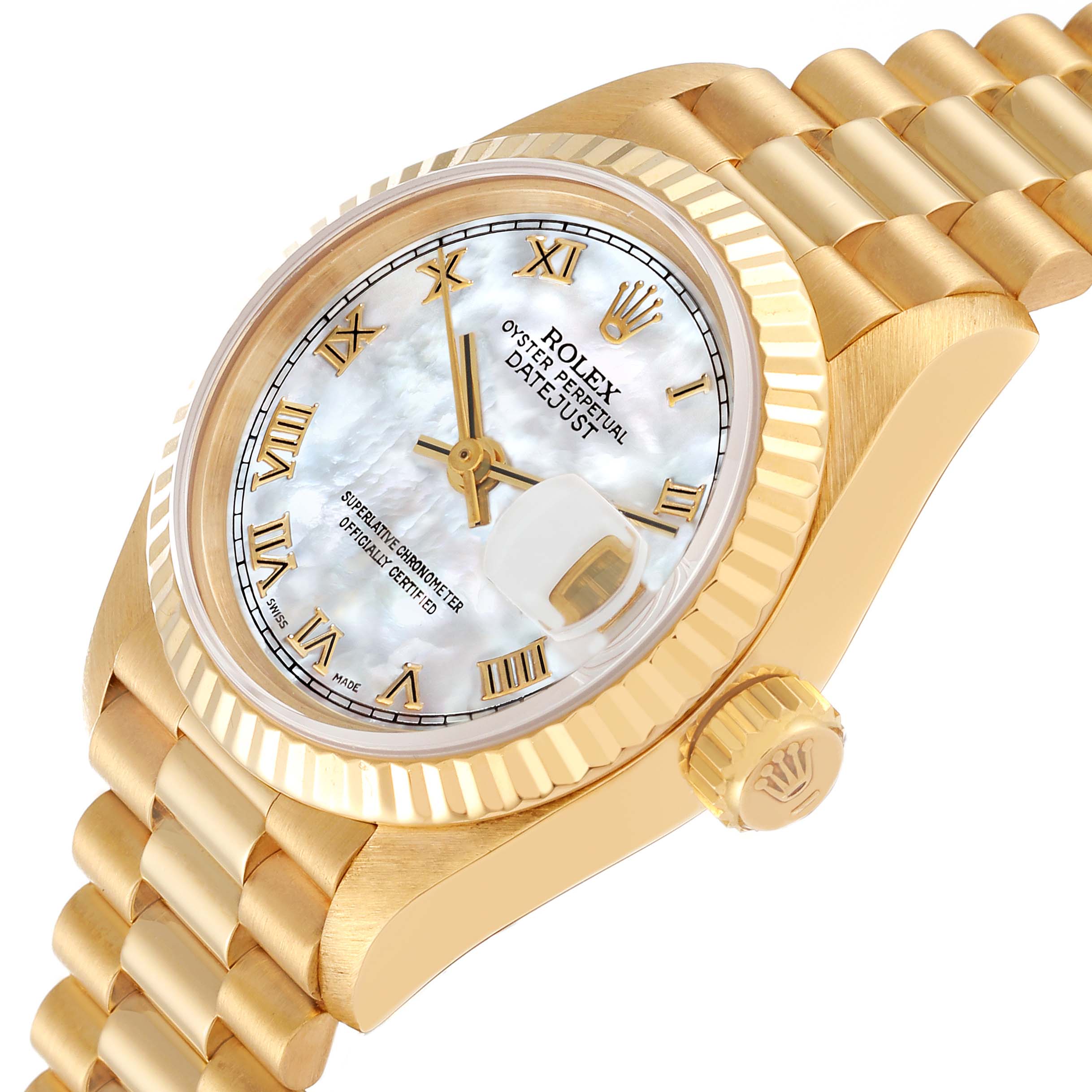 The image shows a Rolex President 69178GNR Women's Yellow Gold Mother of Pearl Dial 69178GNR Women's Yellow Gold Mother of Pearl Dial model watch at an angled view, highlighting its gold case, fluted bezel, and bracelet.