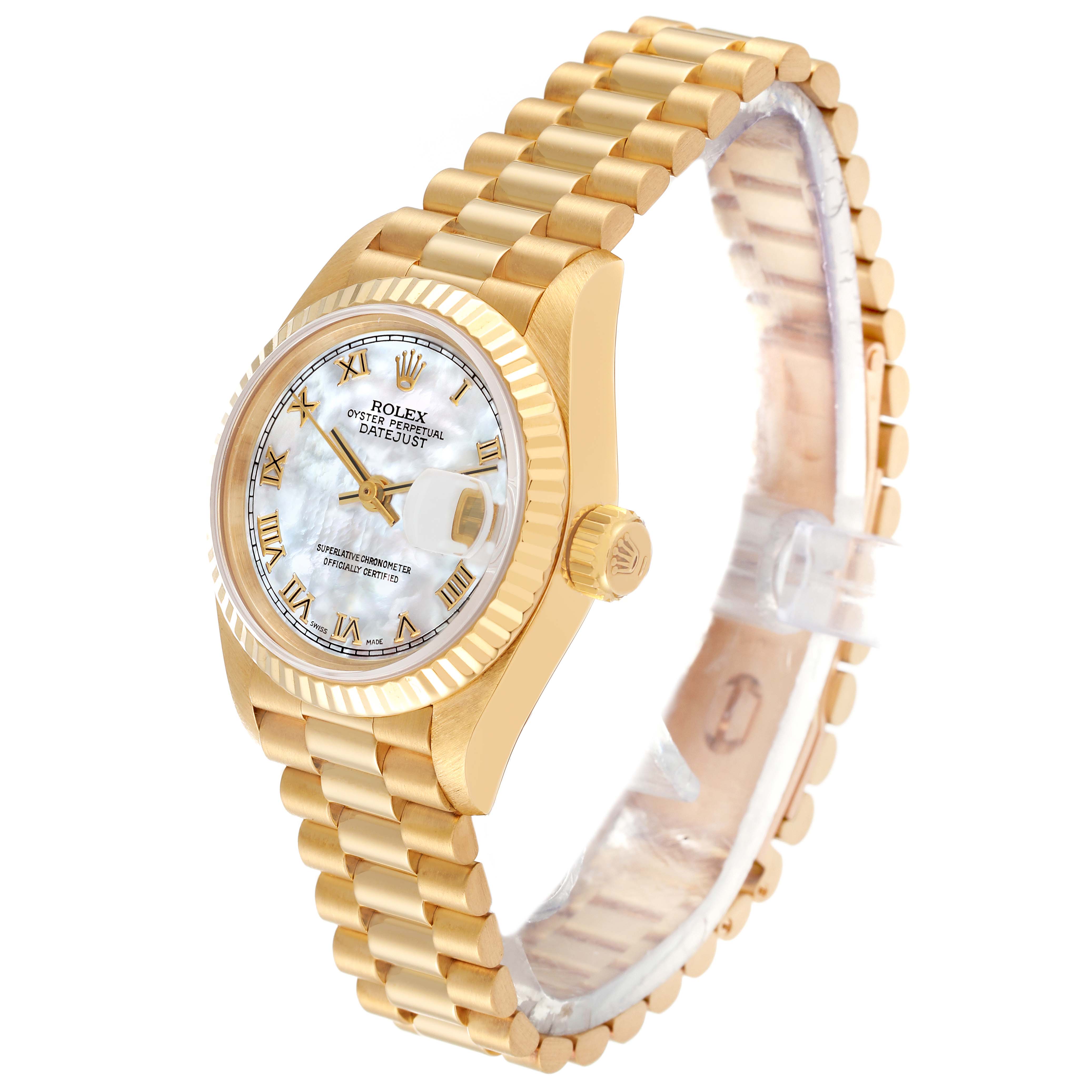 The image shows a Rolex President 69178GNR Women's Yellow Gold Mother of Pearl Dial 69178GNR Women's Yellow Gold Mother of Pearl Dial model watch angled to display the crown, face, bezel, and bracelet links.