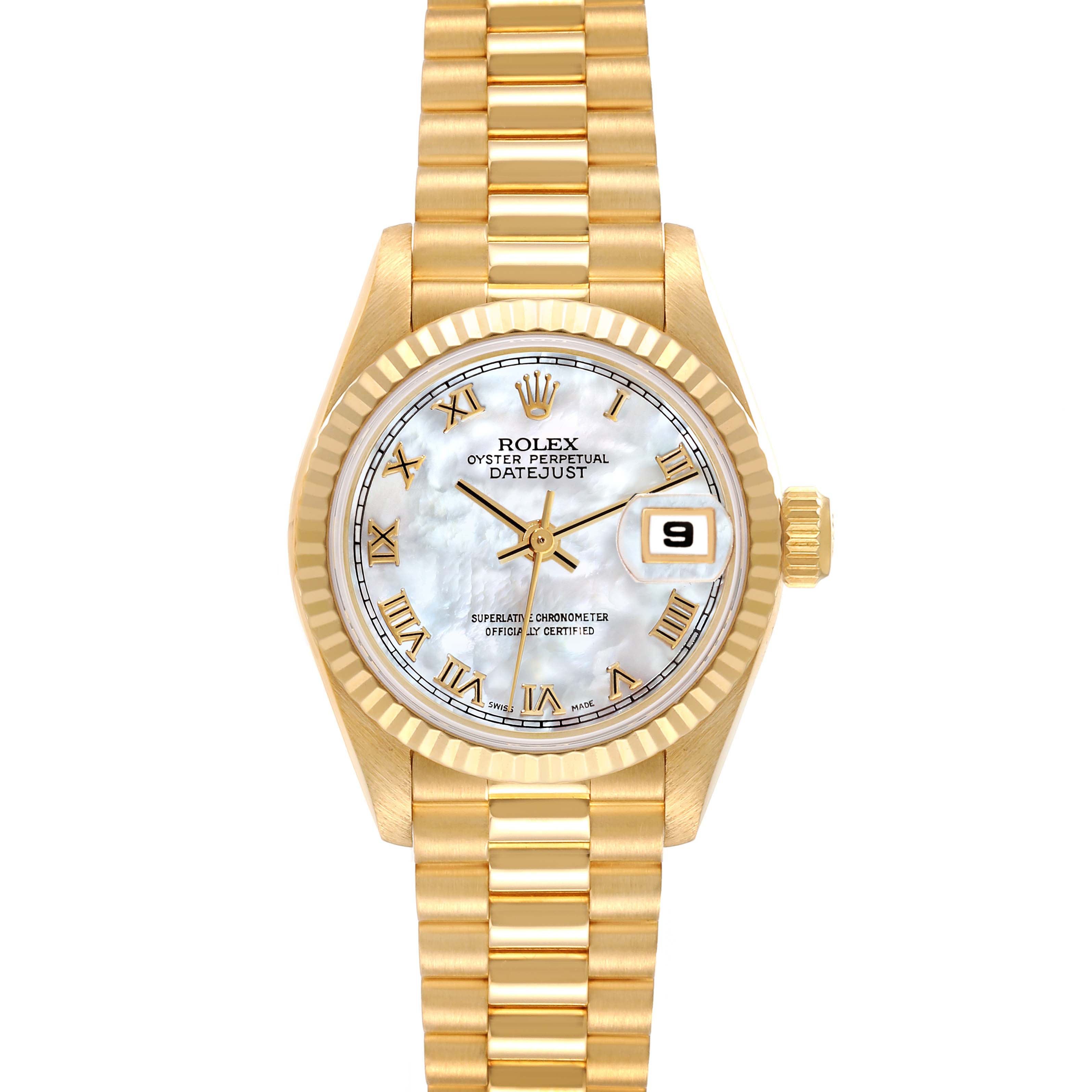 This image features a Rolex President 69178GNR Women's Yellow Gold Mother of Pearl Dial 69178GNR Women's Yellow Gold Mother of Pearl Dial model watch shown from the front, highlighting its face, bezel, and bracelet.