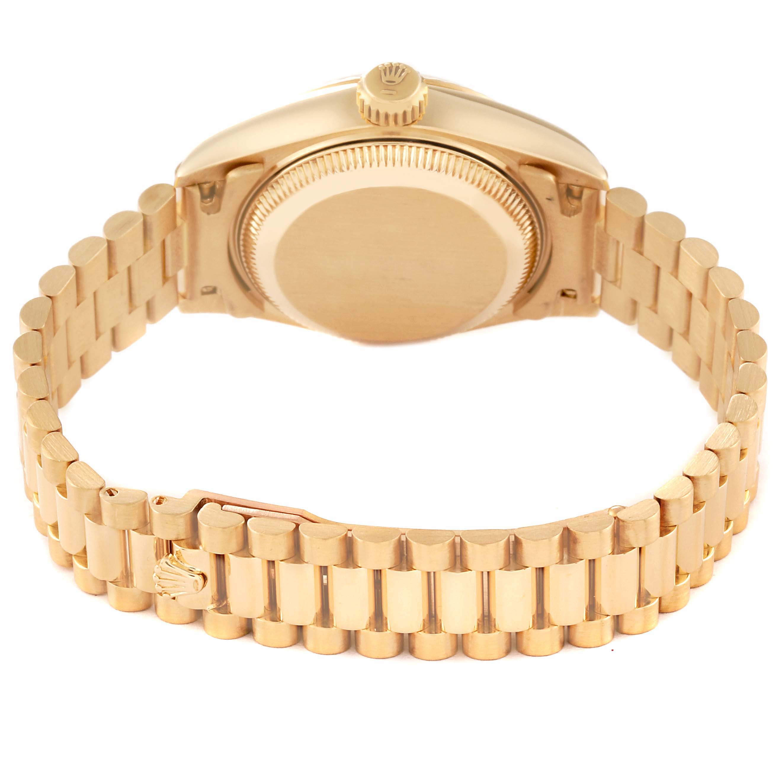 This image shows the back case and bracelet of a Rolex President 69178GNR Women's Yellow Gold Mother of Pearl Dial 69178GNR Women's Yellow Gold Mother of Pearl Dial model watch.