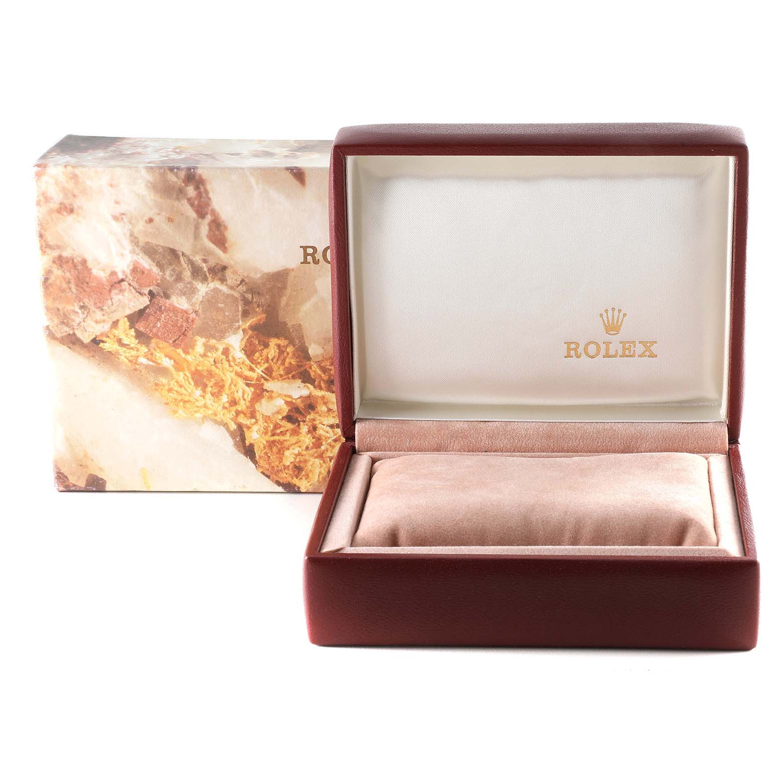 The image shows an open box for the President model by Rolex, displaying its interior with branding and the outer packaging.