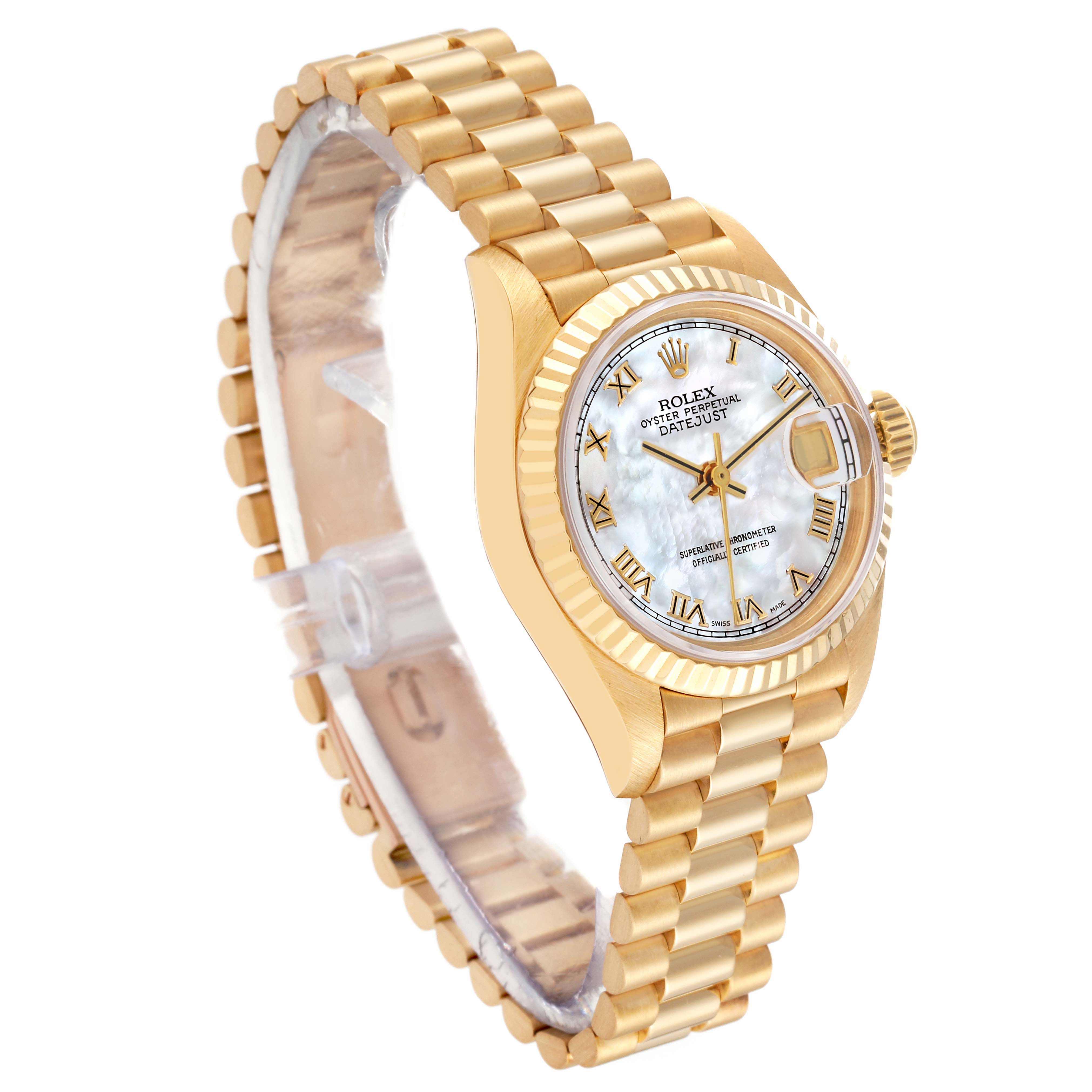 The Rolex President 69178GNR Women's Yellow Gold Mother of Pearl Dial 69178GNR Women's Yellow Gold Mother of Pearl Dial model watch is shown from an angled side view featuring its gold bracelet, case, bezel, and dial.