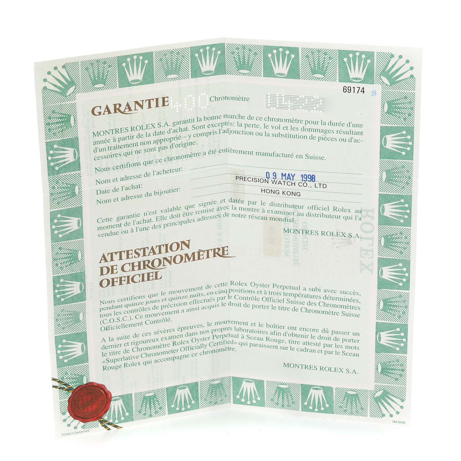 The image shows a certificate of guarantee and chronometer attestation for the Rolex Datejust 69174 Women's Stainless Steel Blue Dial 69174 Women's Stainless Steel Blue Dial model, dated May 9, 1998.