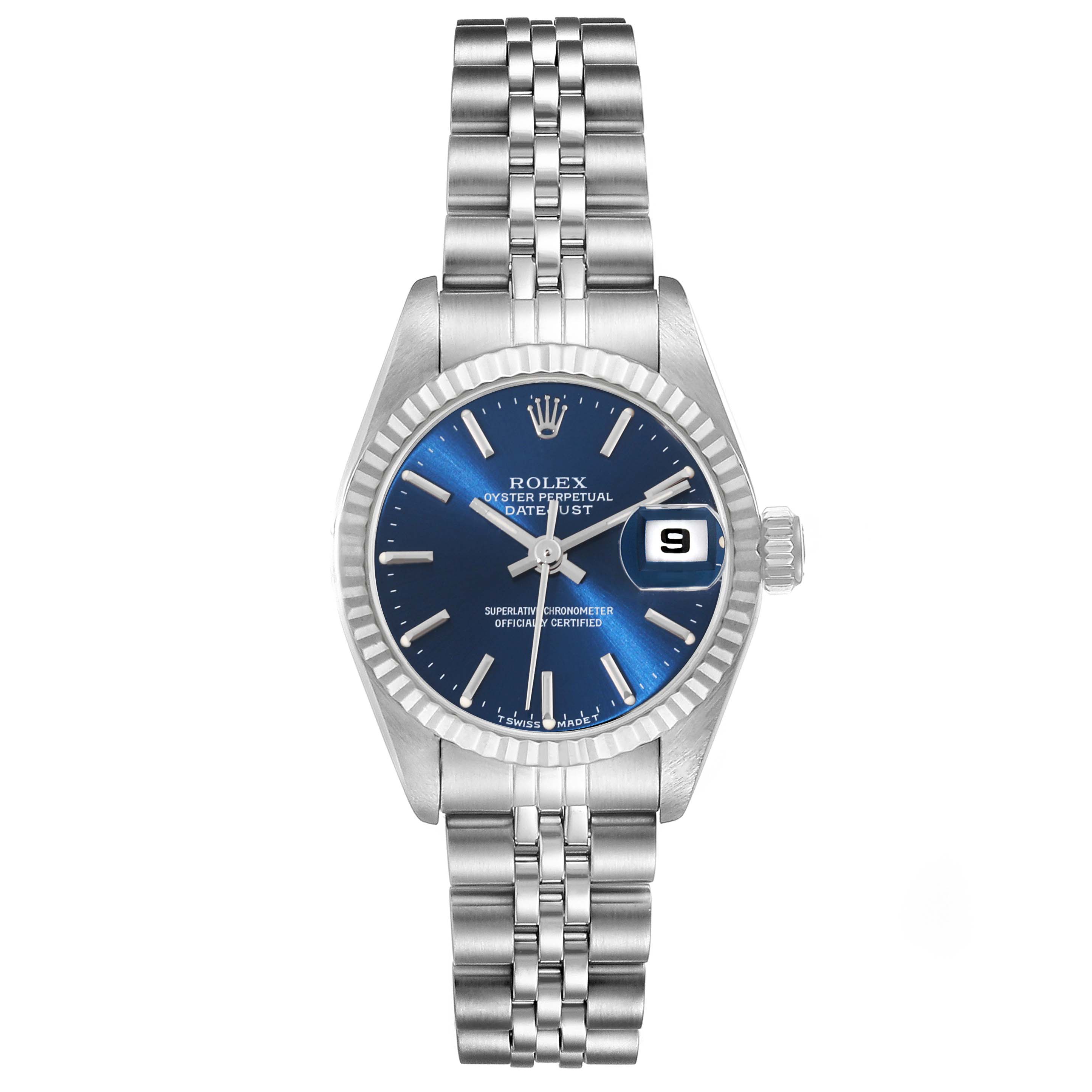 This image shows a front view of a Rolex Datejust 69174 Women's Stainless Steel Blue Dial 69174 Women's Stainless Steel Blue Dial watch, displaying the dial, bezel, crown, and bracelet.