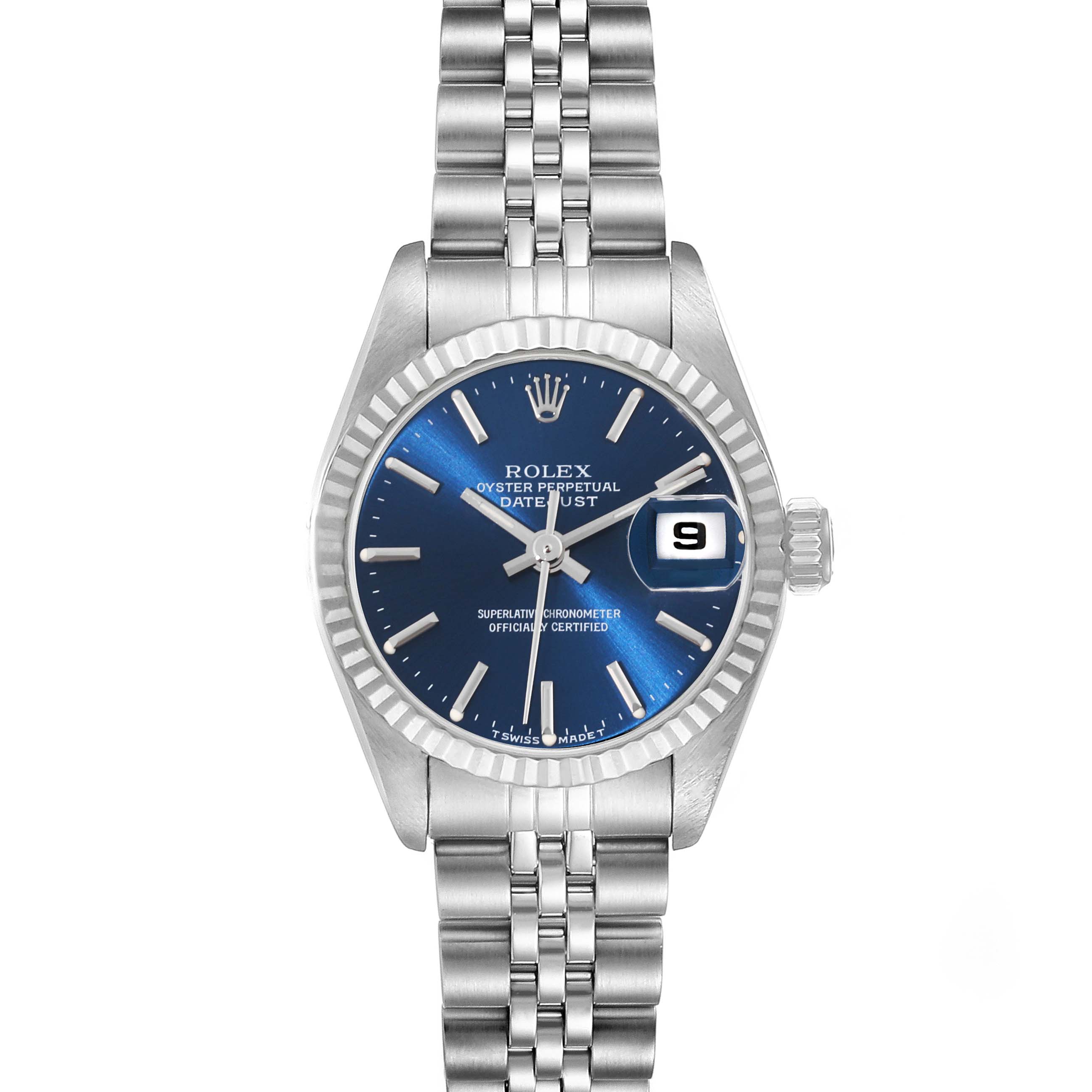 The image displays a Rolex Datejust 69174 Women's Stainless Steel Blue Dial 69174 Women's Stainless Steel Blue Dial watch at a top-down angle, highlighting the blue dial, date window, and metal bracelet.