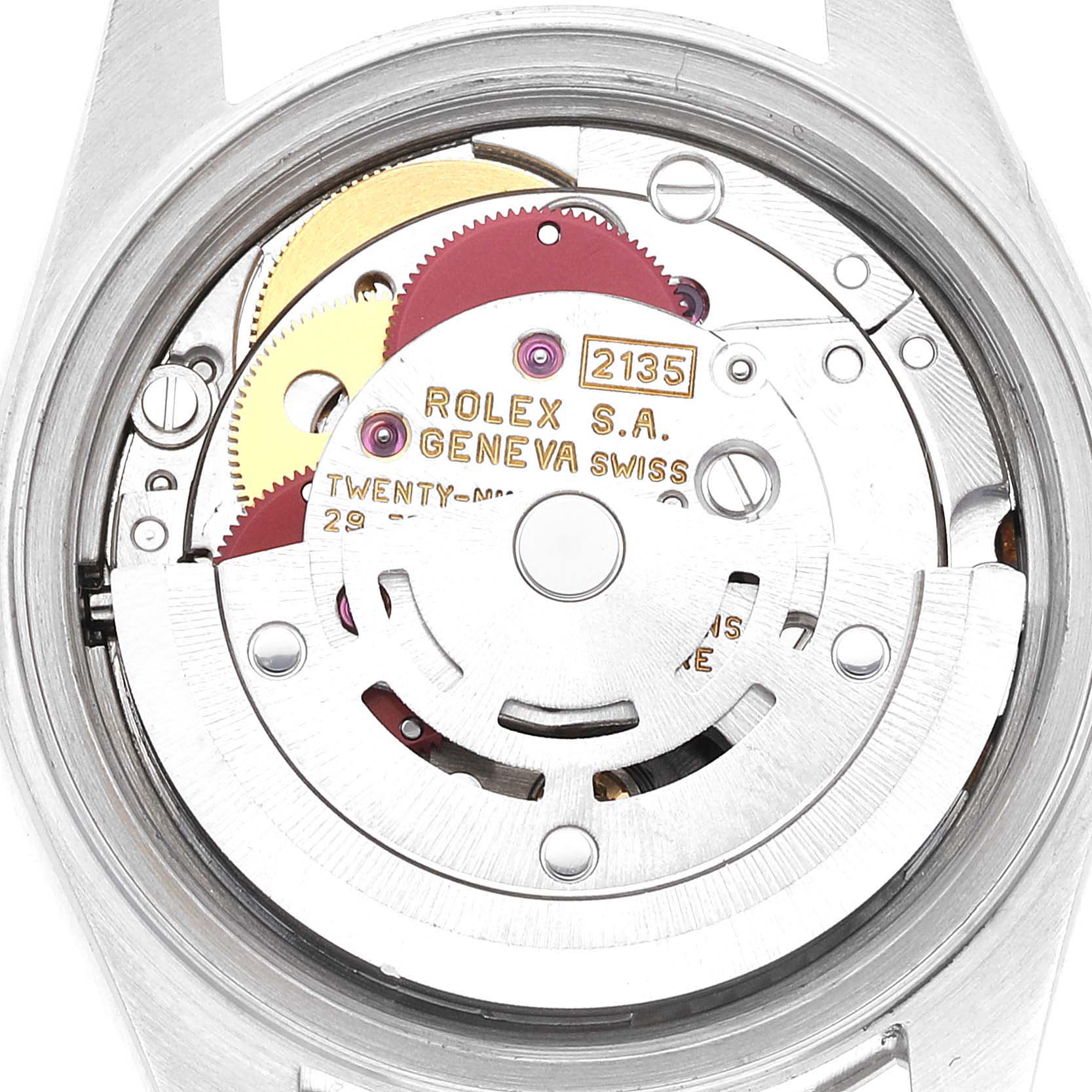 This image shows the movement mechanism of a Rolex Datejust 69174 Women's Stainless Steel Blue Dial 69174 Women's Stainless Steel Blue Dial watch from a top-down angle.