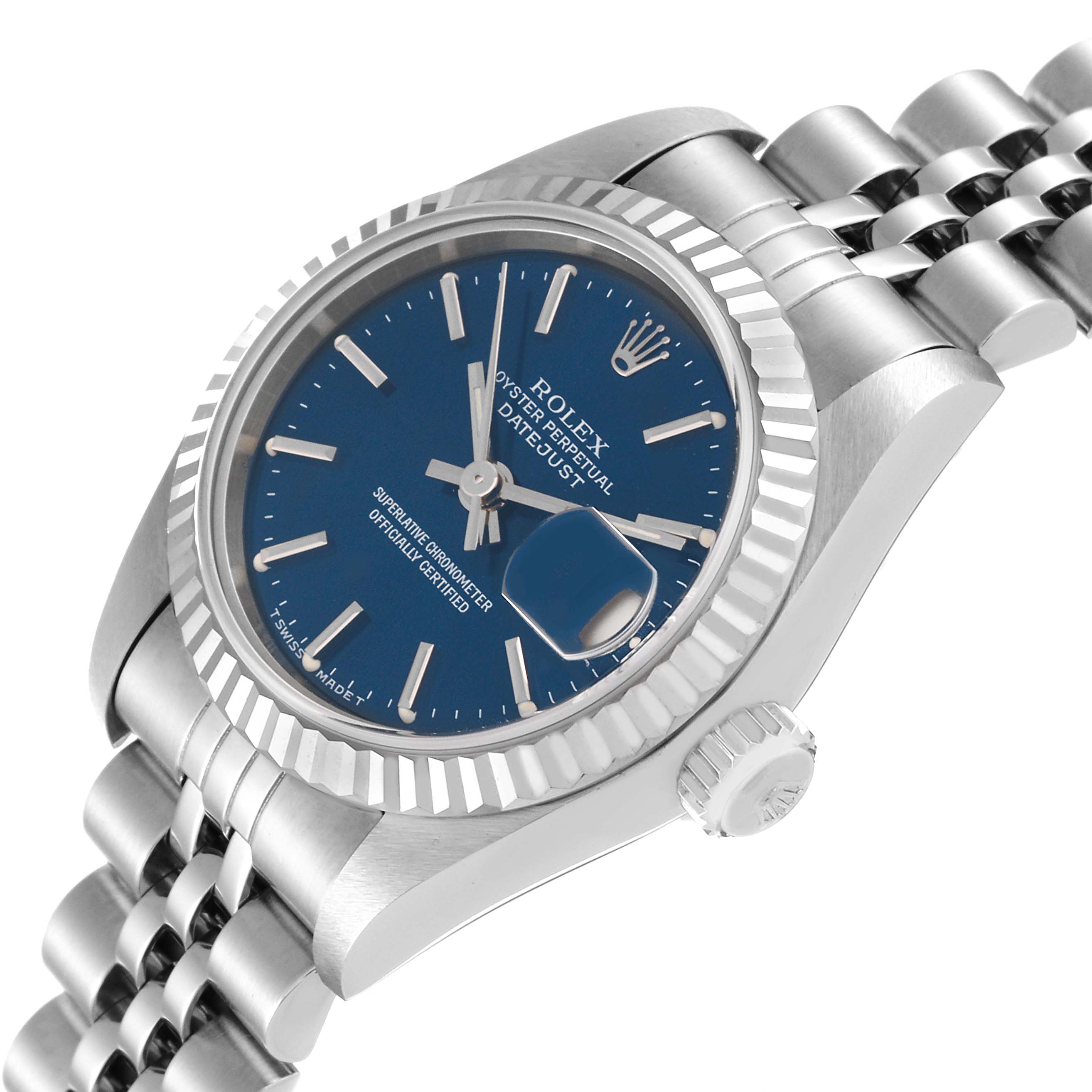 The image shows a side angle of the Rolex Datejust 69174 Women's Stainless Steel Blue Dial 69174 Women's Stainless Steel Blue Dial watch, highlighting the blue dial, fluted bezel, and part of the Jubilee bracelet.