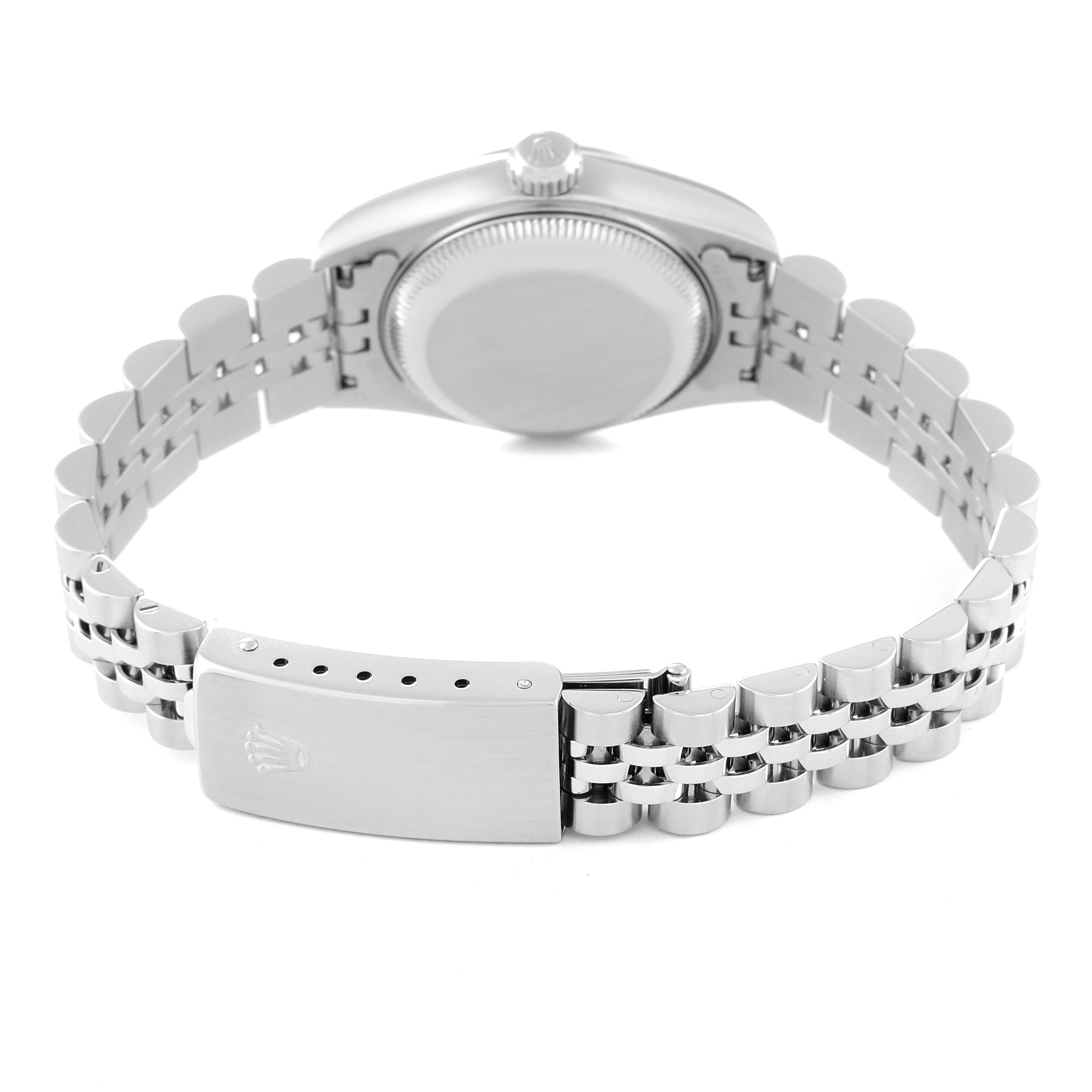 The image shows the rear view of a Rolex Datejust 69174 Women's Stainless Steel Blue Dial 69174 Women's Stainless Steel Blue Dial watch, focusing on the back of the case and the bracelet clasp.