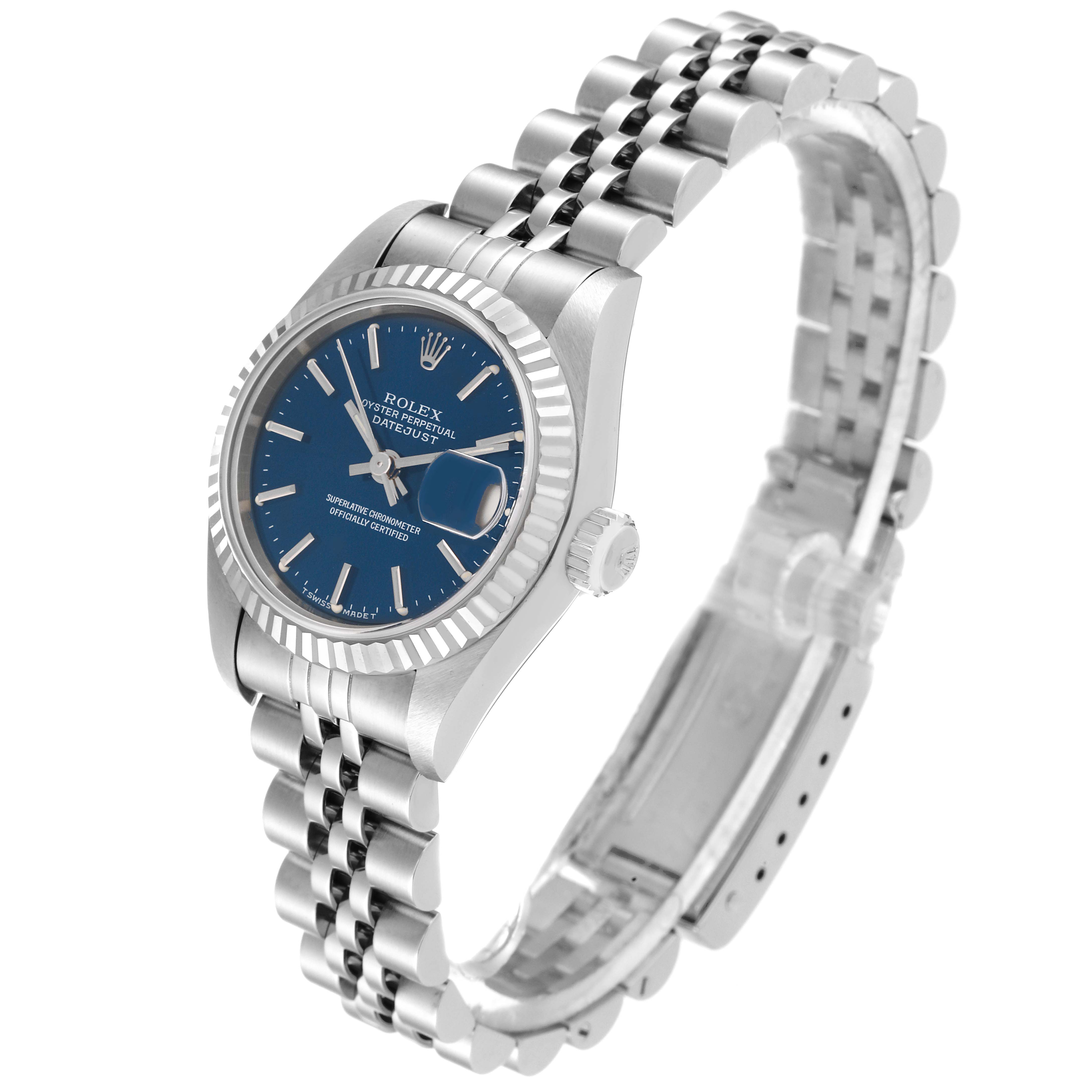 The image shows a Rolex Datejust 69174 Women's Stainless Steel Blue Dial 69174 Women's Stainless Steel Blue Dial watch from an angled side view, highlighting its blue dial, fluted bezel, and Jubilee bracelet.