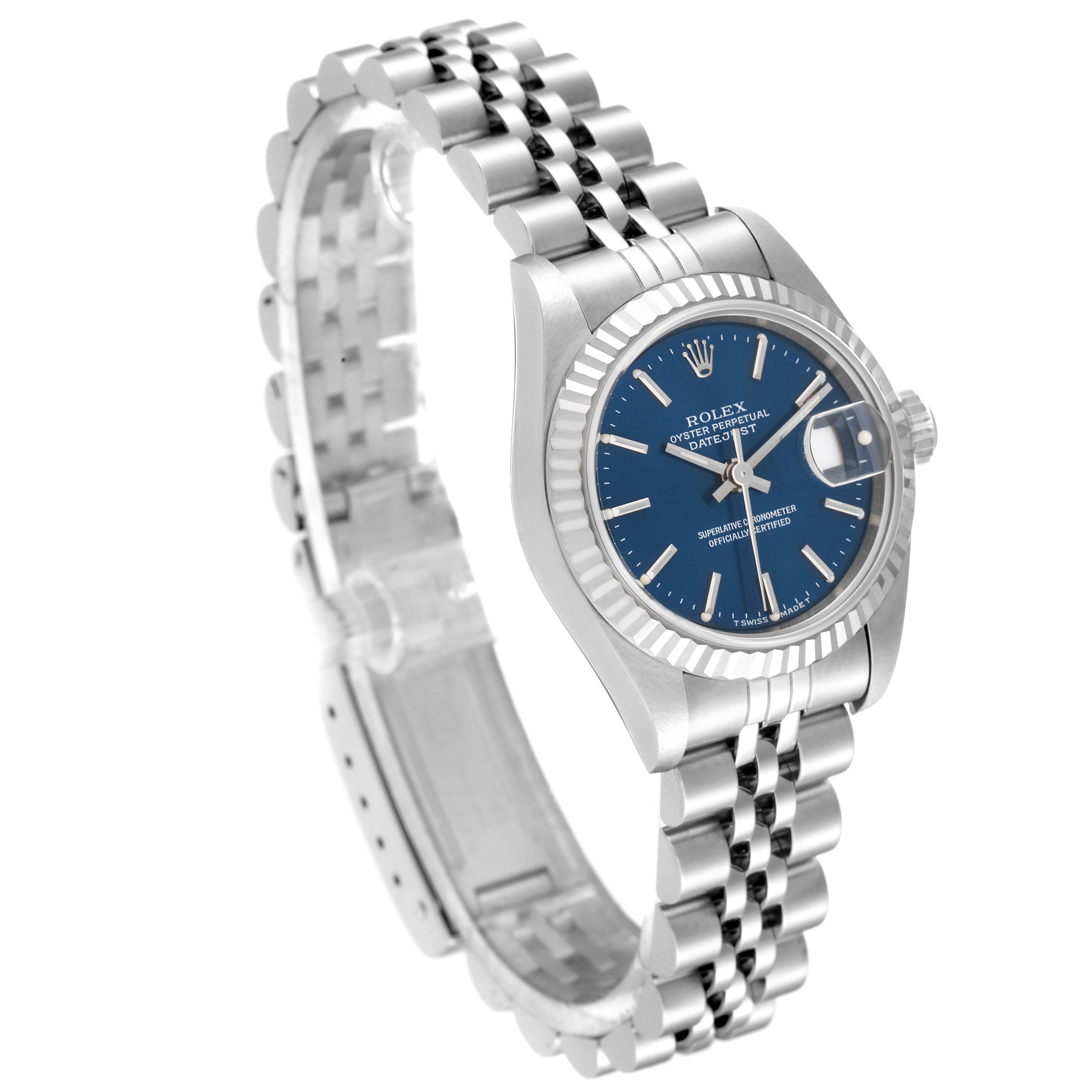 The image shows a Rolex Datejust 69174 Women's Stainless Steel Blue Dial 69174 Women's Stainless Steel Blue Dial watch at a three-quarter angle, highlighting the dial, bracelet, and clasp.