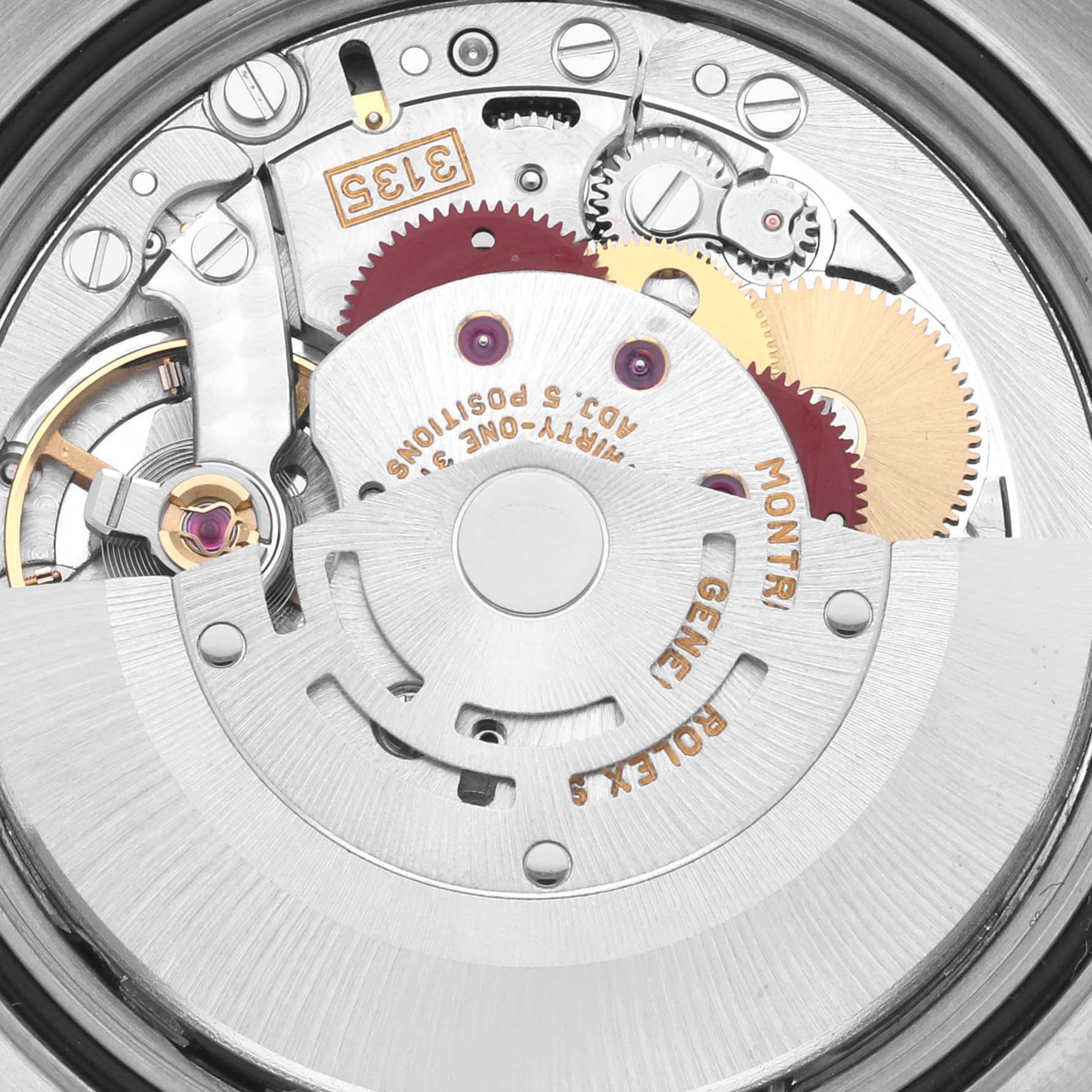 This image shows the internal mechanism of a Rolex Datejust 16234G Men's Stainless Steel Mother of Pearl Dial 16234G Men's Stainless Steel Mother of Pearl Dial watch, highlighting gears and movement components.