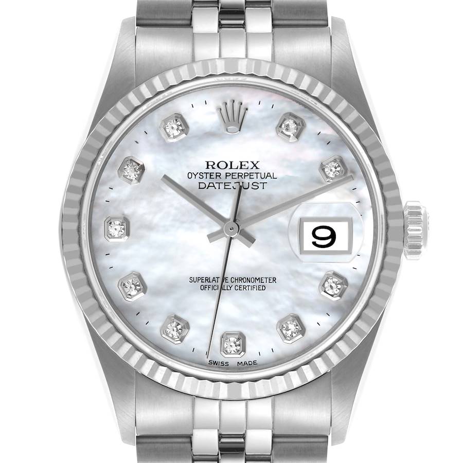 The Rolex Datejust watch is shown from a front angle, highlighting the dial, bezel, and part of the bracelet.