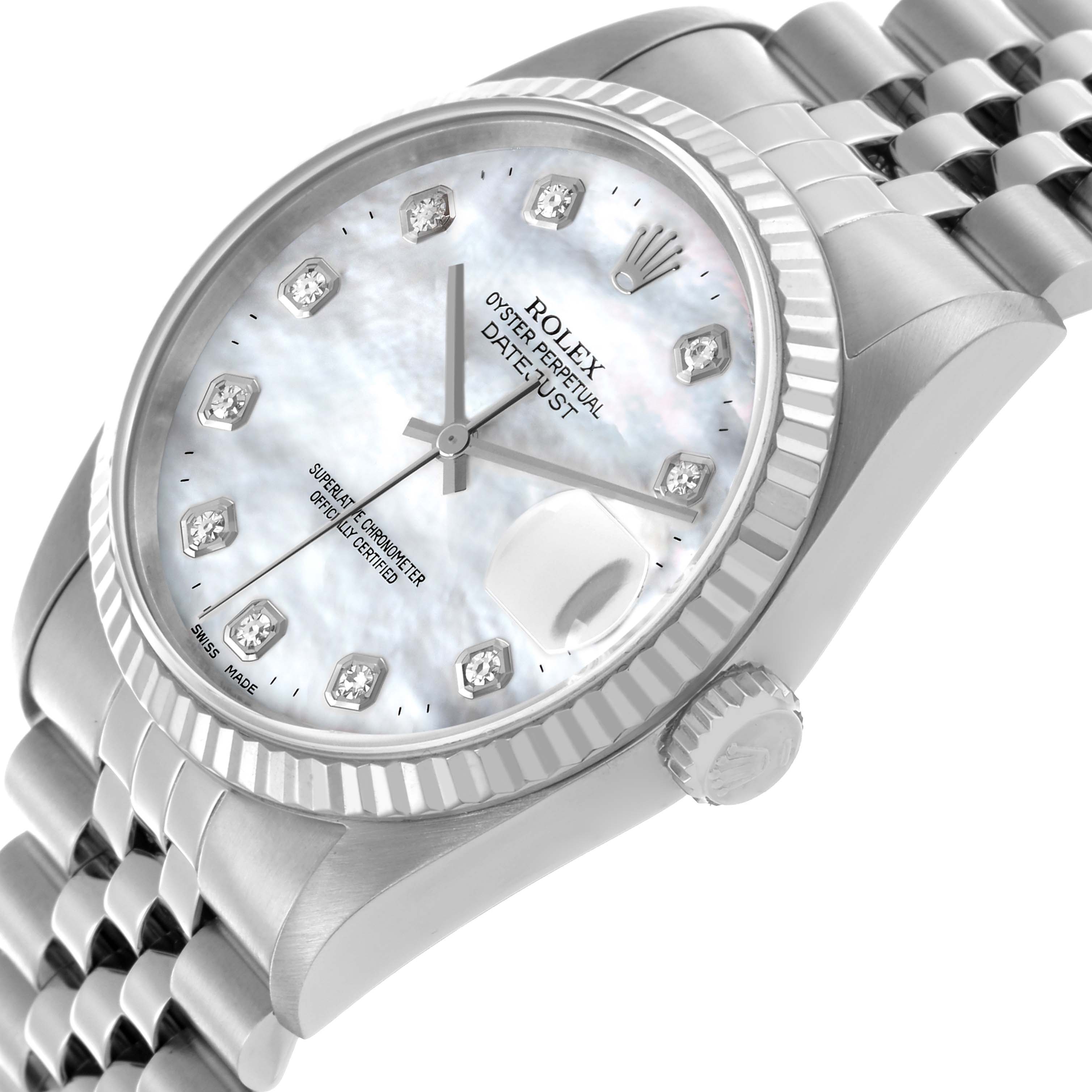 The Rolex Datejust 16234G Men's Stainless Steel Mother of Pearl Dial 16234G Men's Stainless Steel Mother of Pearl Dial is shown at a slight angle highlighting its face, crown, and part of the bracelet.