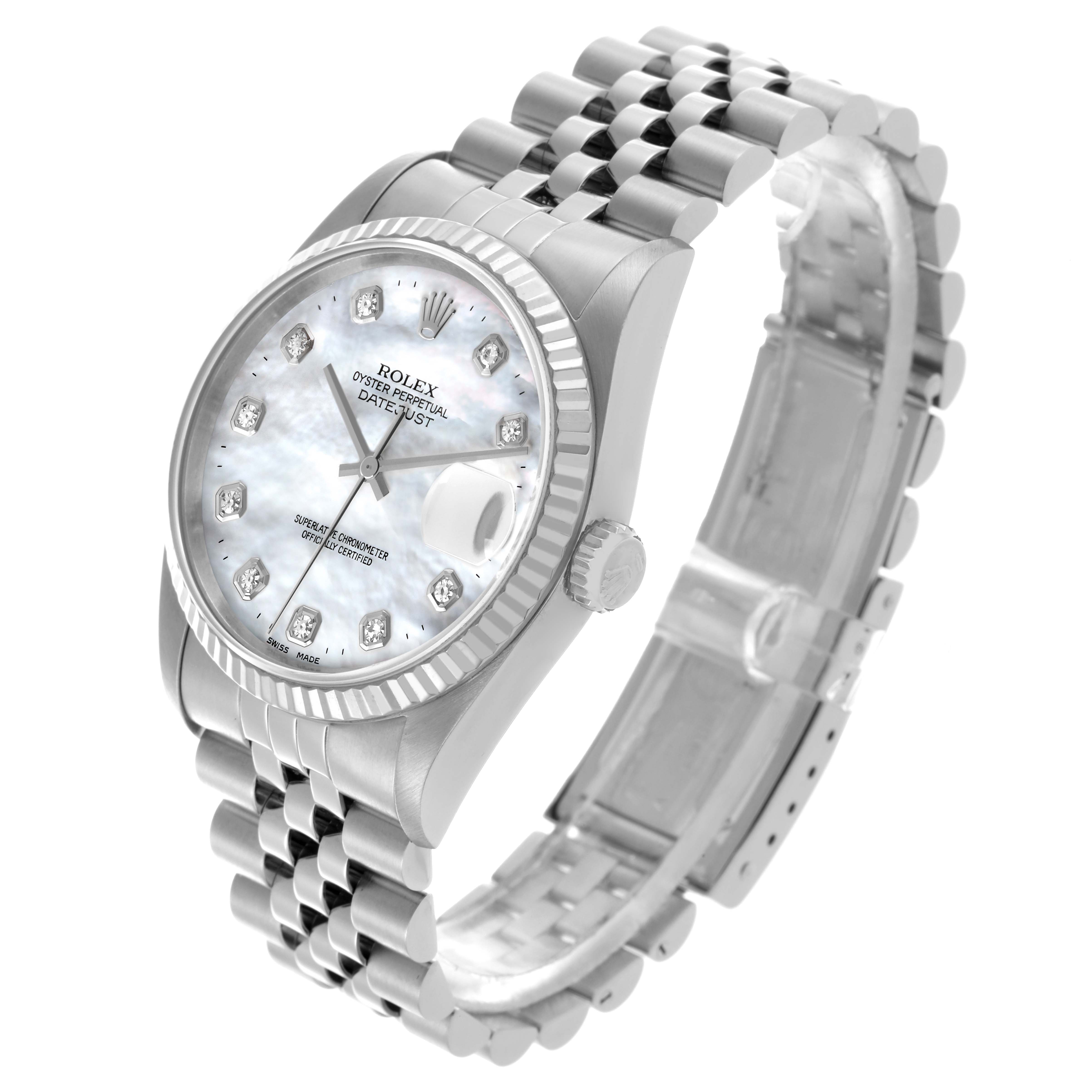 The Rolex Datejust 16234G Men's Stainless Steel Mother of Pearl Dial 16234G Men's Stainless Steel Mother of Pearl Dial watch is shown at an angled view, highlighting the face, bezel, crown, and jubilee bracelet.