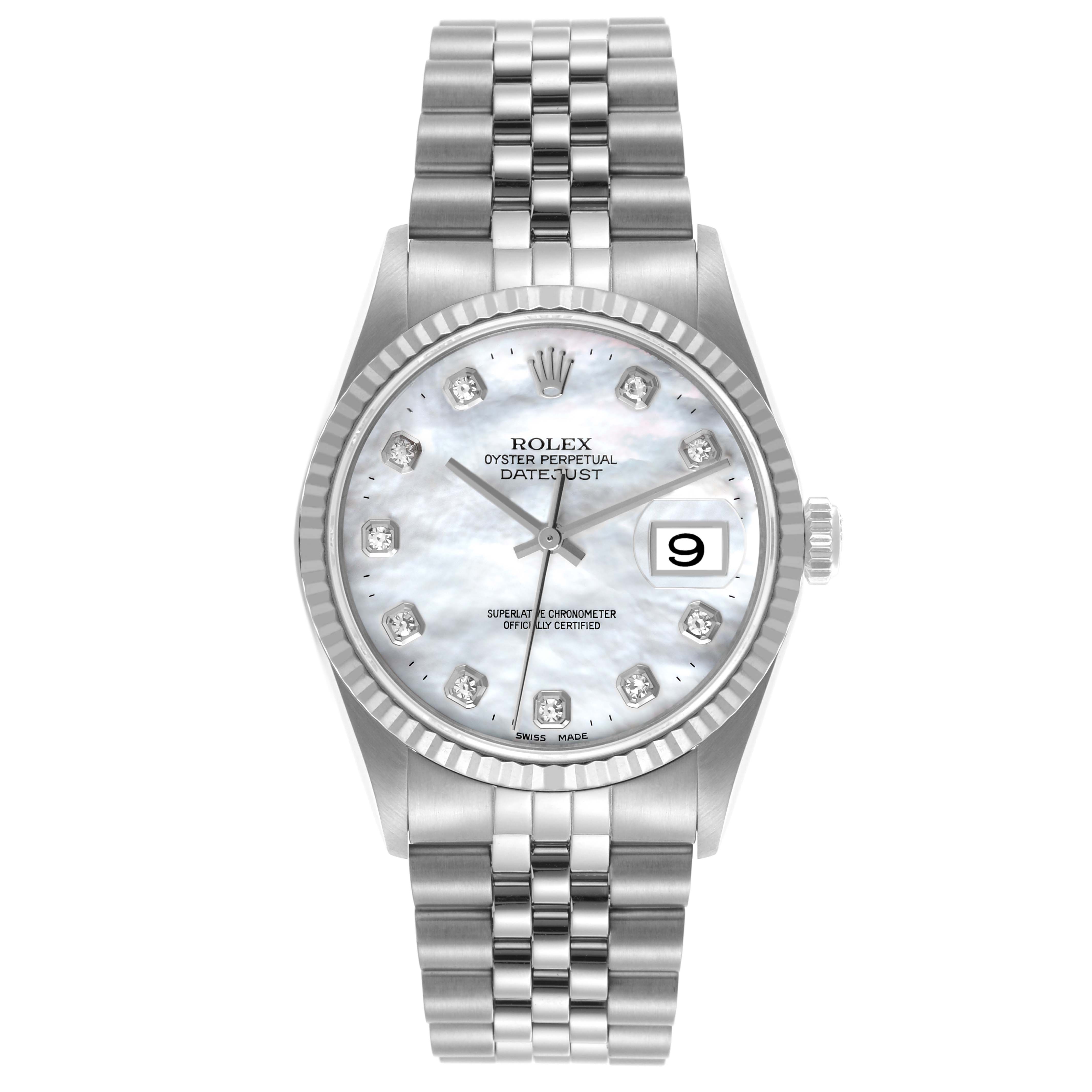 The image shows a Rolex Datejust 16234G Men's Stainless Steel Mother of Pearl Dial 16234G Men's Stainless Steel Mother of Pearl Dial watch from a frontal angle, displaying the dial, bezel, and bracelet.