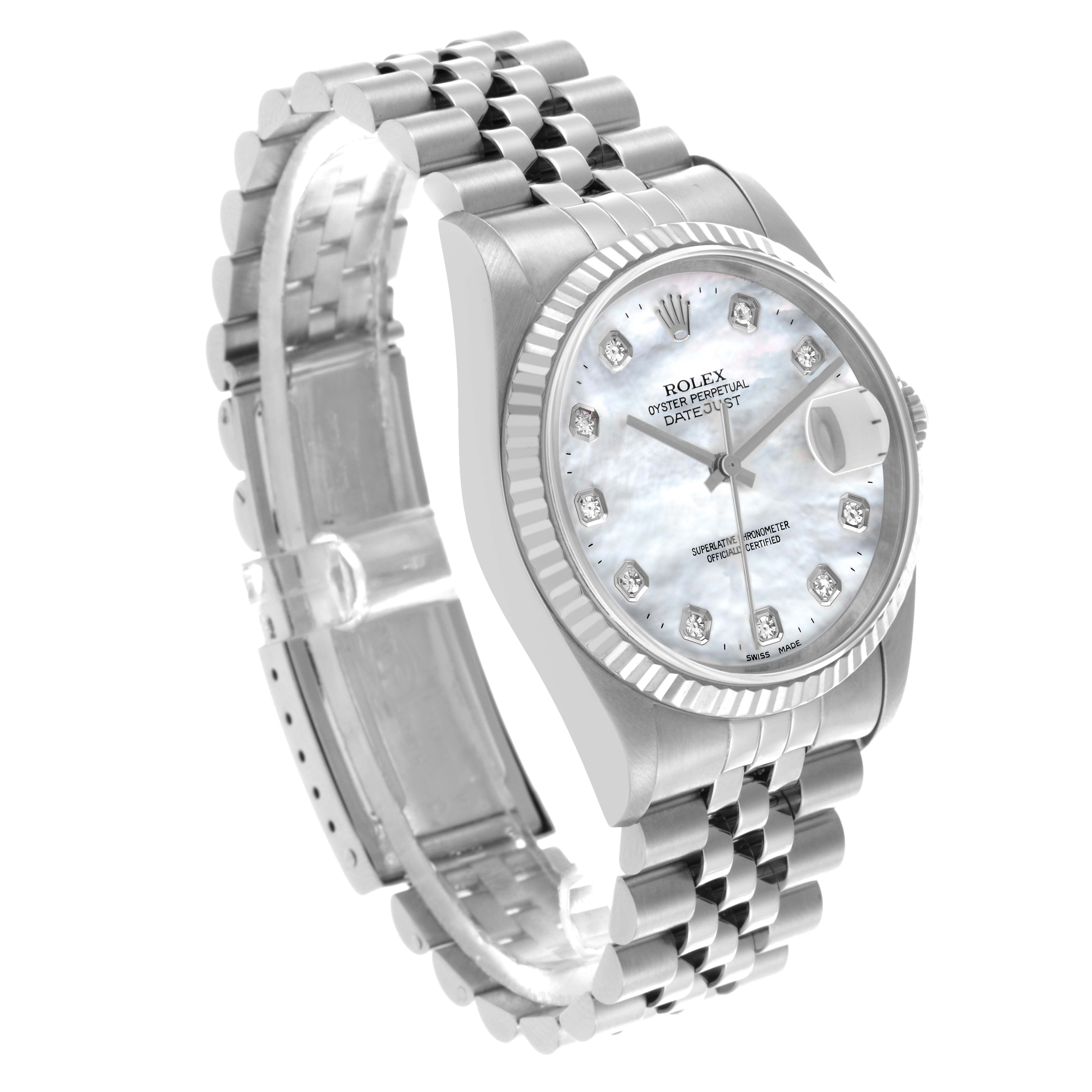 The Rolex Datejust 16234G Men's Stainless Steel Mother of Pearl Dial 16234G Men's Stainless Steel Mother of Pearl Dial watch is shown from an angled side view, highlighting the face, bezel, and bracelet.