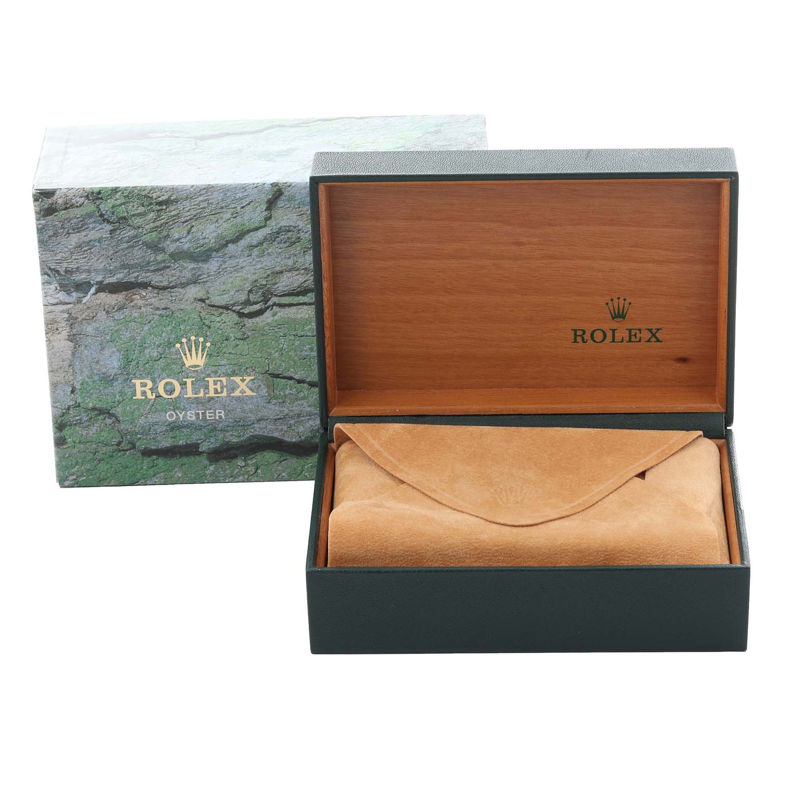 The image shows a Rolex Datejust 16234G Men's Stainless Steel Mother of Pearl Dial 16234G Men's Stainless Steel Mother of Pearl Dial watch box with a green outer box and an open wooden interior, featuring a suede pouch.