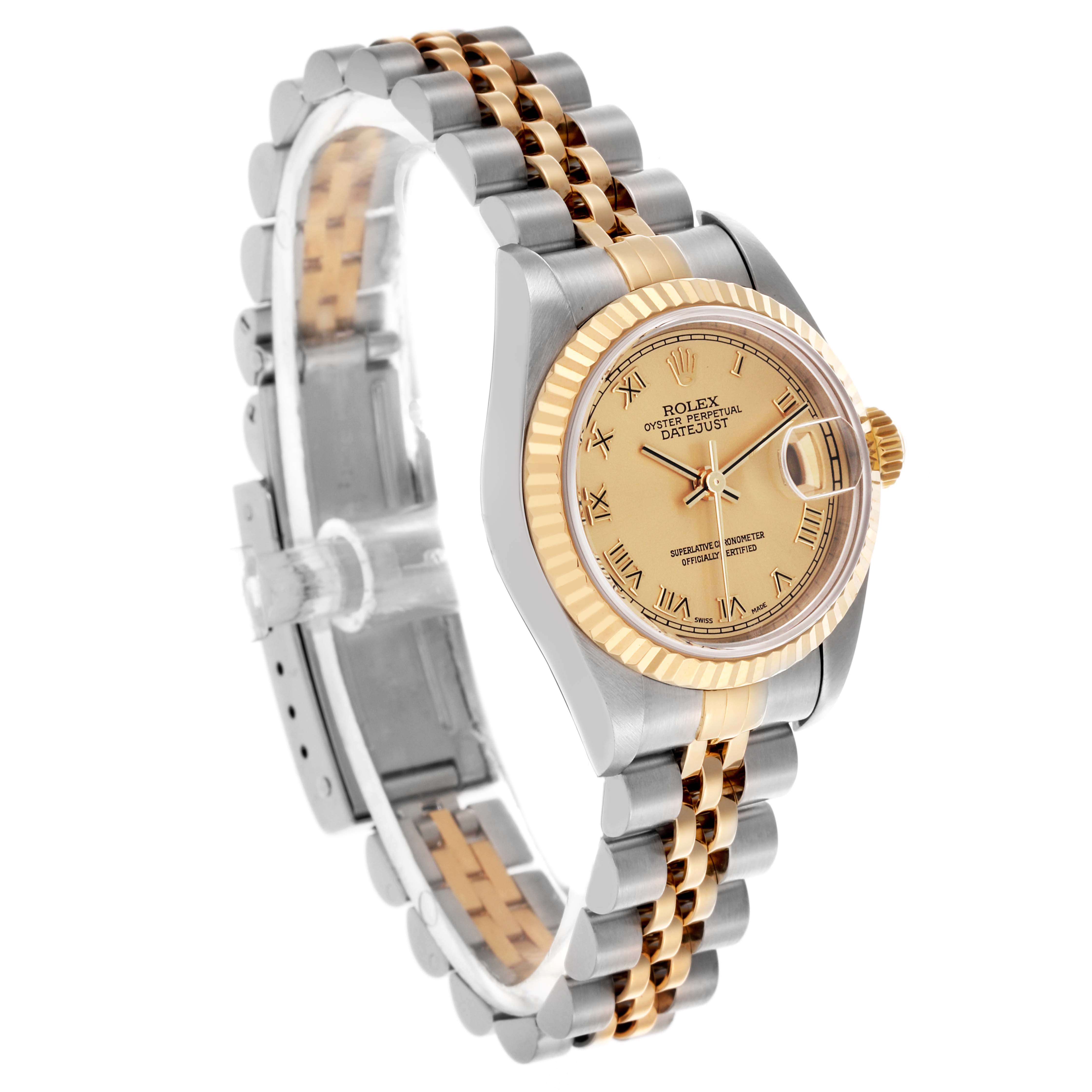 The Rolex Datejust 79173 Women's Steel and Gold (two tone) Champagne Dial 79173 Women's Steel and Gold (two tone) Champagne Dial watch is shown at a slight angle, featuring the dial, bezel, and part of the bracelet.
