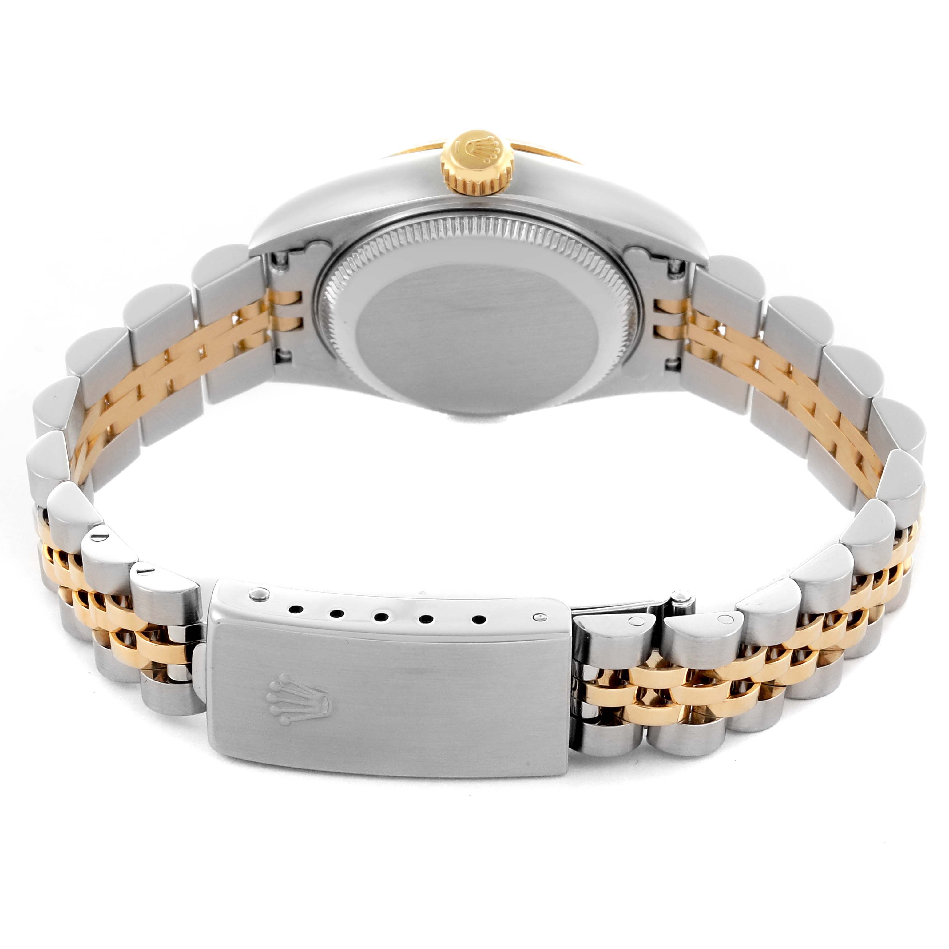 The image shows the back view of a Rolex Datejust 79173 Women's Steel and Gold (two tone) Champagne Dial 79173 Women's Steel and Gold (two tone) Champagne Dial watch, highlighting the jubilee bracelet and clasp.