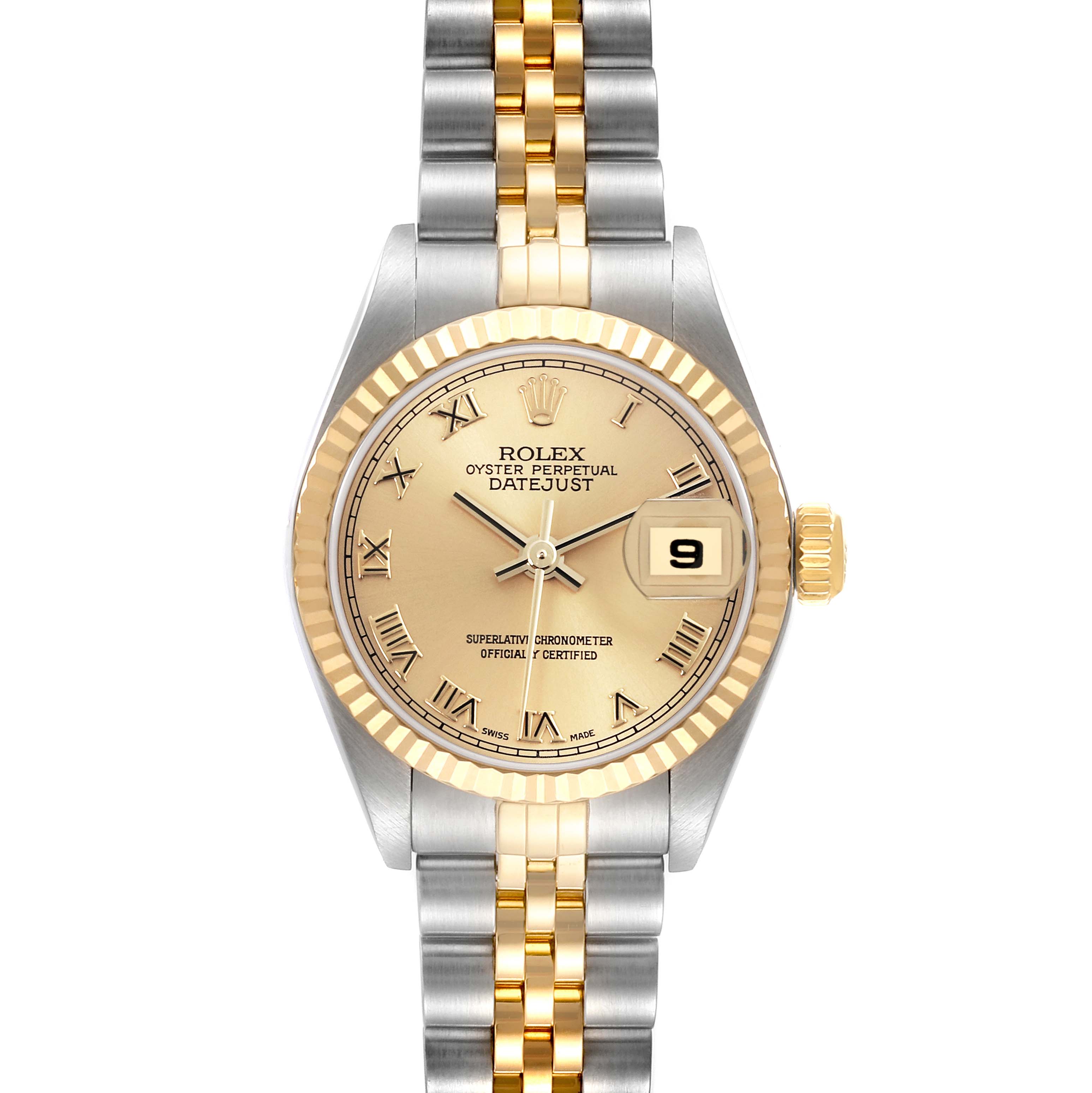 The Rolex Datejust 79173 Women's Steel and Gold (two tone) Champagne Dial 79173 Women's Steel and Gold (two tone) Champagne Dial watch is shown front-facing, displaying the dial, bezel, and bracelet.