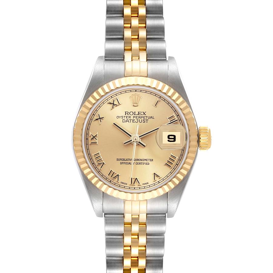 The Rolex Datejust watch is shown front-facing, displaying the dial, bezel, and bracelet.