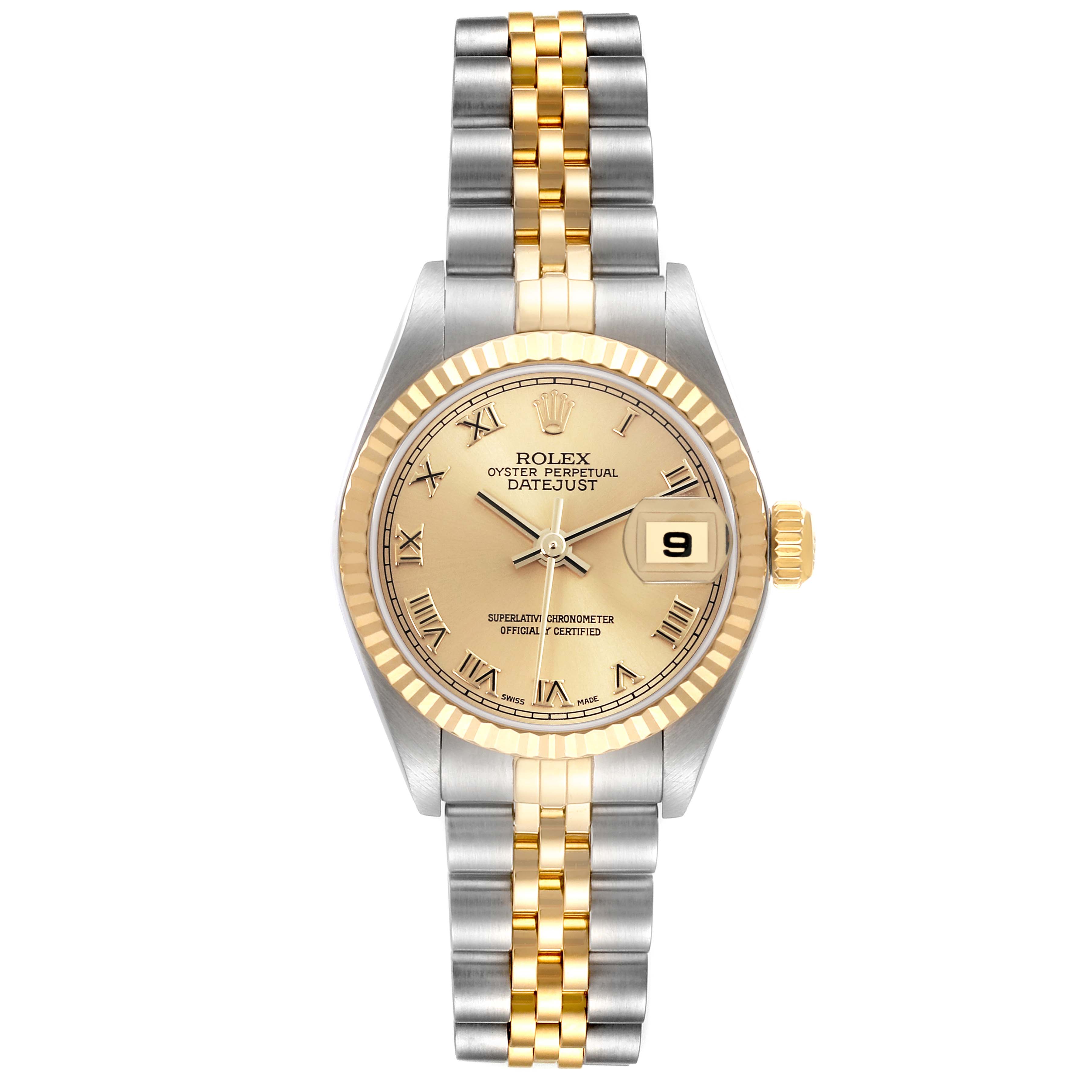 The Rolex Datejust 79173 Women's Steel and Gold (two tone) Champagne Dial 79173 Women's Steel and Gold (two tone) Champagne Dial watch is shown from a top-down angle, displaying the face, fluted bezel, and jubilee bracelet.