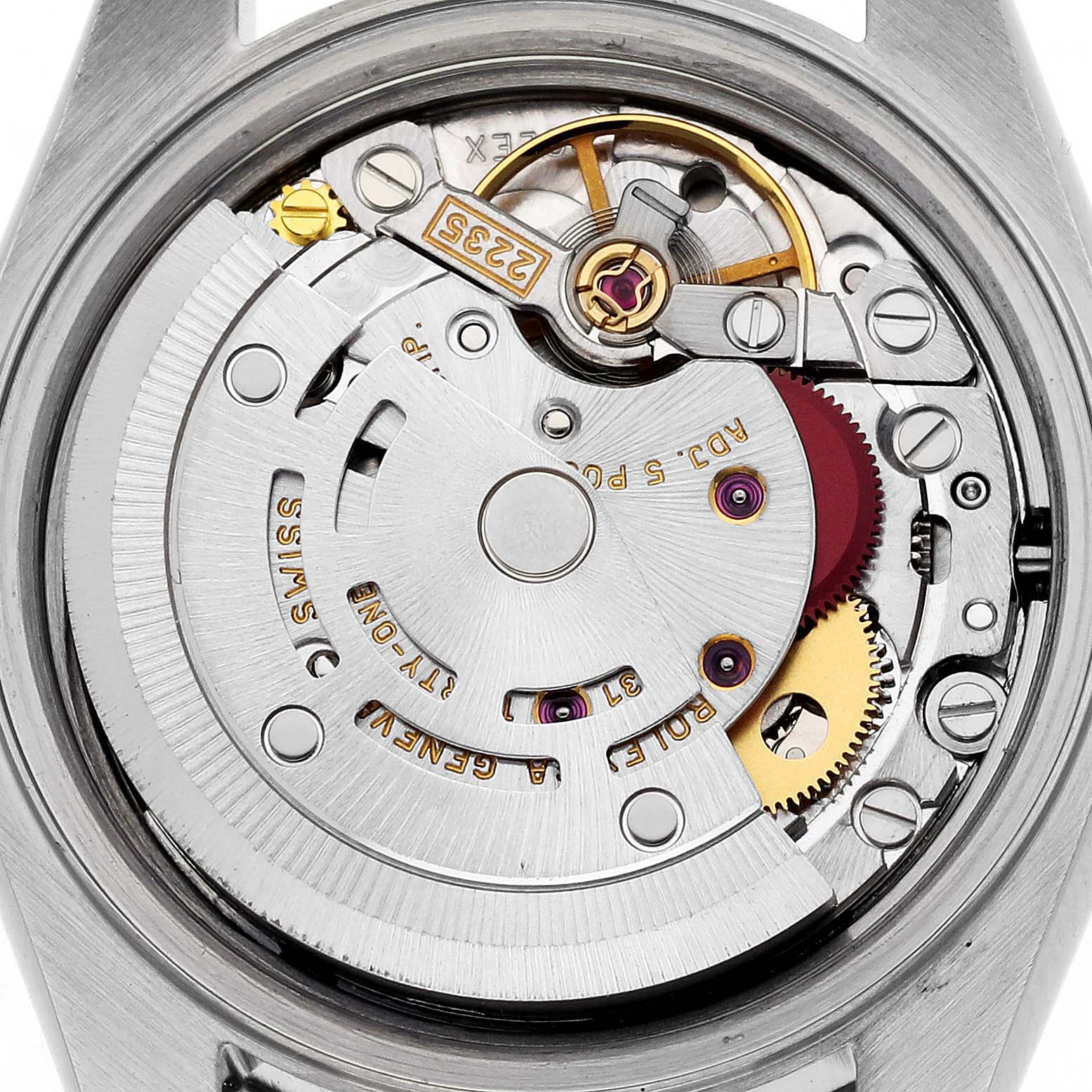 The image shows a close-up of the Rolex Datejust 79173 Women's Steel and Gold (two tone) Champagne Dial 79173 Women's Steel and Gold (two tone) Champagne Dial watch movement from the back, highlighting its intricate components.