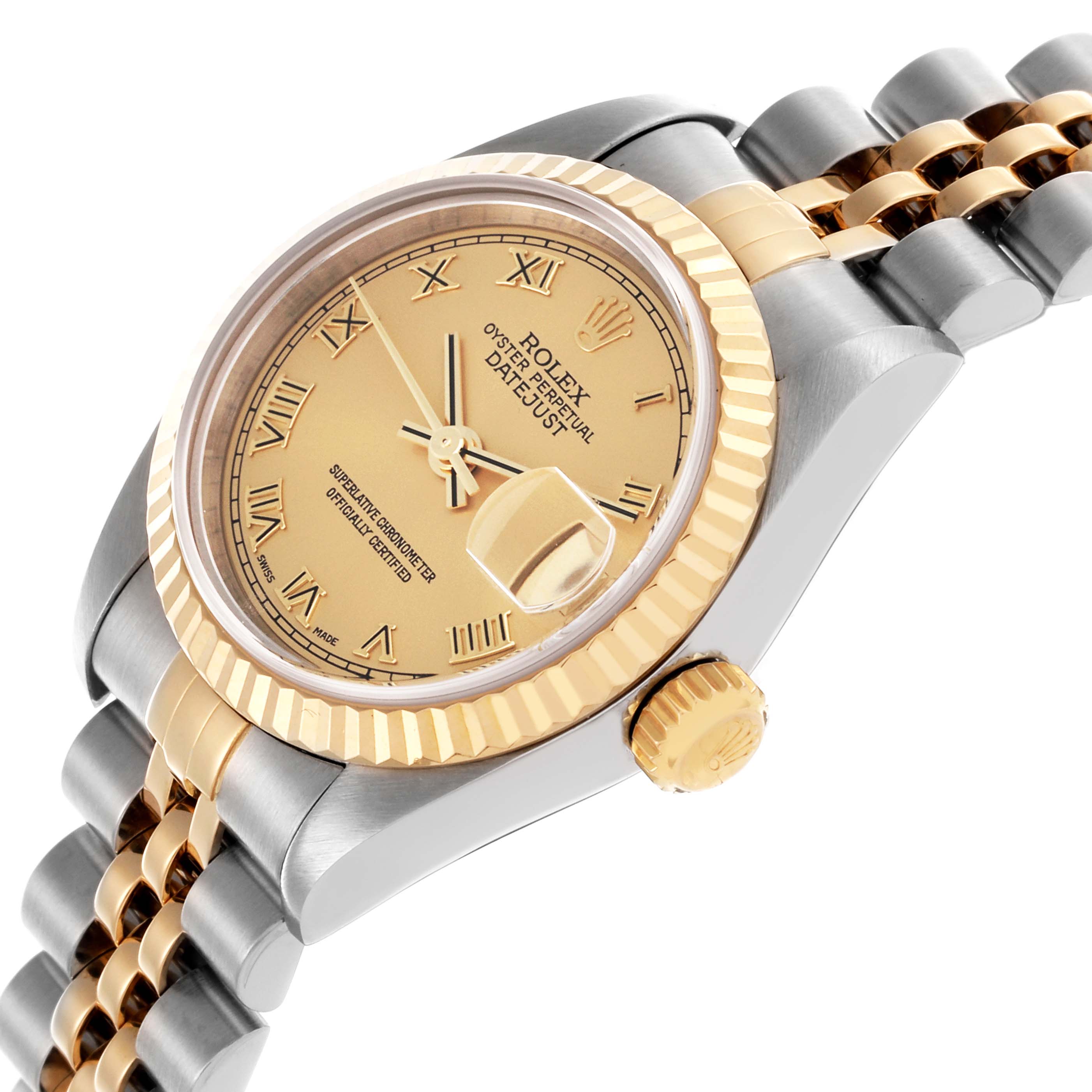 The Rolex Datejust 79173 Women's Steel and Gold (two tone) Champagne Dial 79173 Women's Steel and Gold (two tone) Champagne Dial watch is shown at an angle highlighting the dial, bezel, crown, and part of the bracelet.