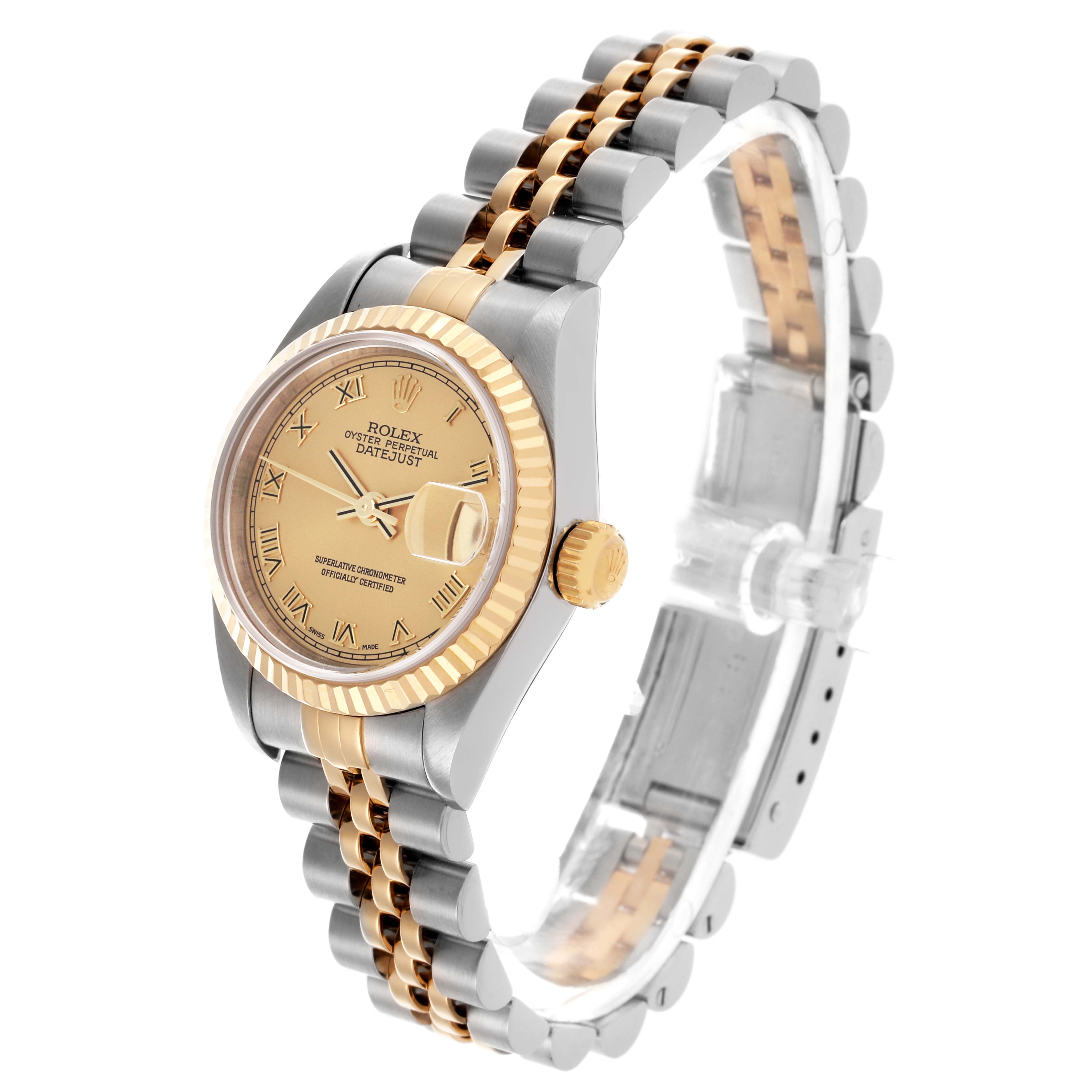 The Rolex Datejust 79173 Women's Steel and Gold (two tone) Champagne Dial 79173 Women's Steel and Gold (two tone) Champagne Dial watch is shown at a three-quarter angle, highlighting the face, bezel, and Jubilee bracelet.