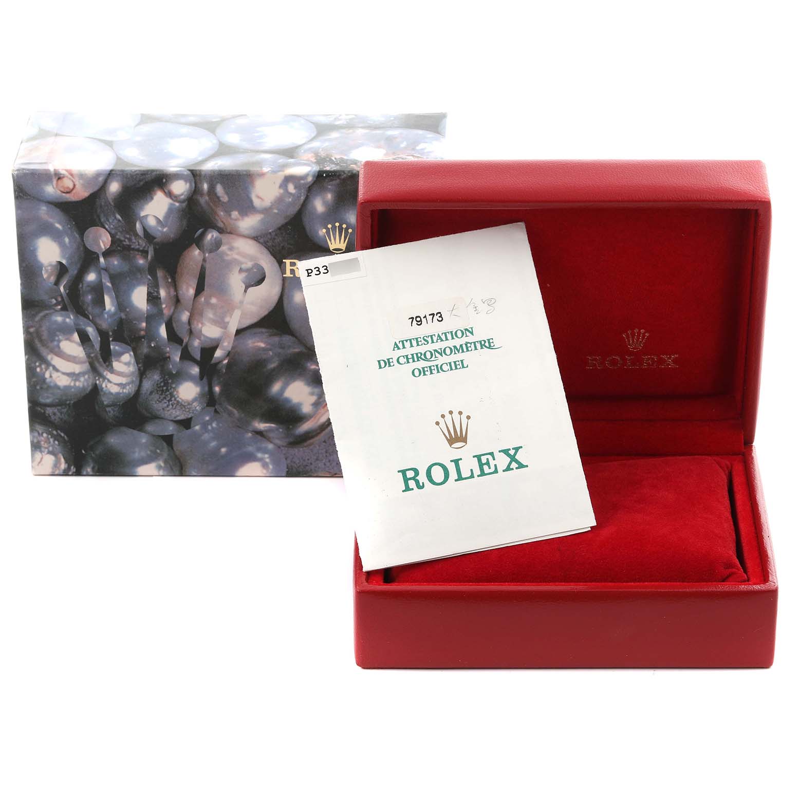 The image shows a red Rolex Datejust 79173 Women's Steel and Gold (two tone) Champagne Dial 79173 Women's Steel and Gold (two tone) Champagne Dial watch box with a certification document and outer decorative box.