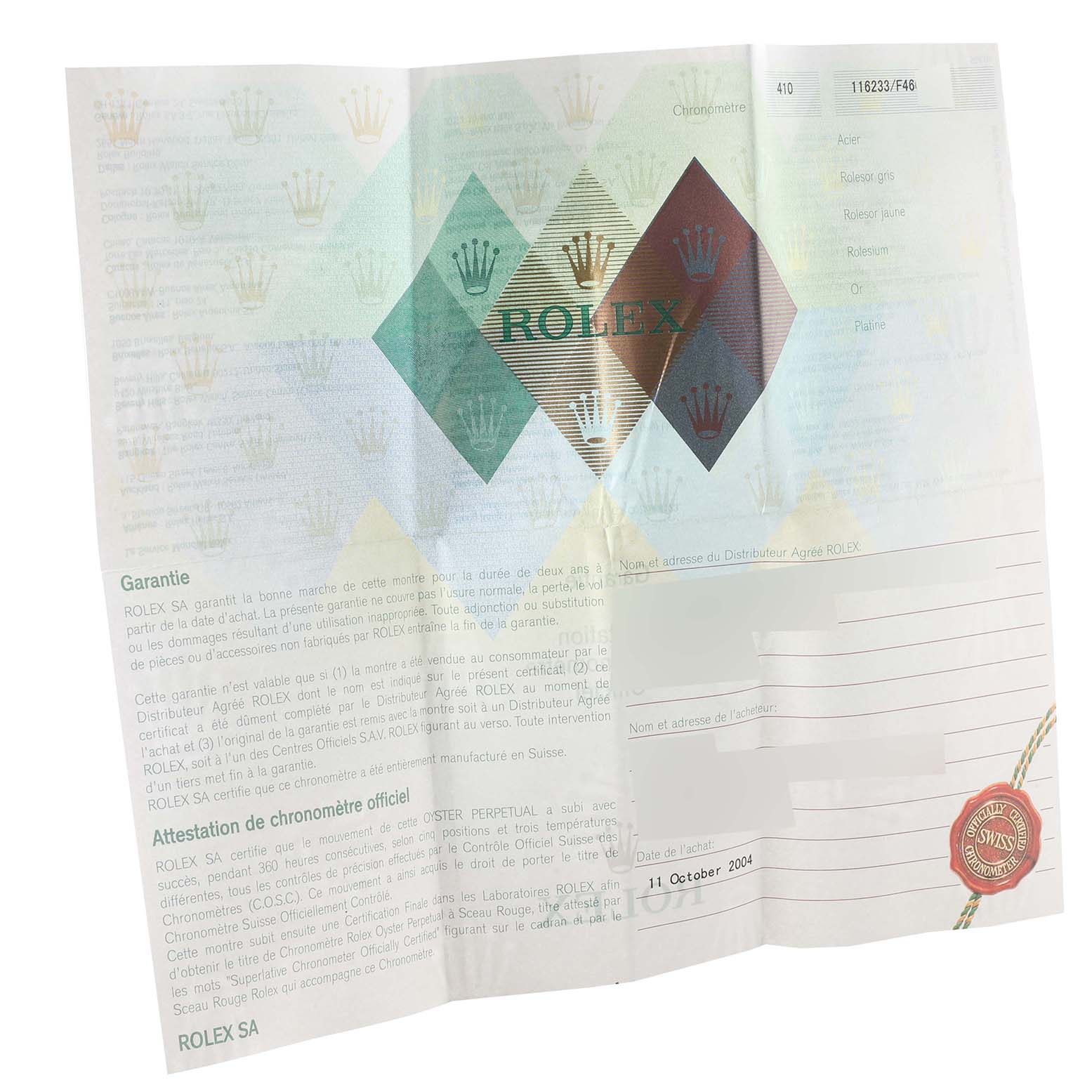 This image shows a warranty and certification document for the Rolex Datejust 116233 Men's Steel and Gold (two tone) Champagne Dial 116233 Men's Steel and Gold (two tone) Champagne Dial model.