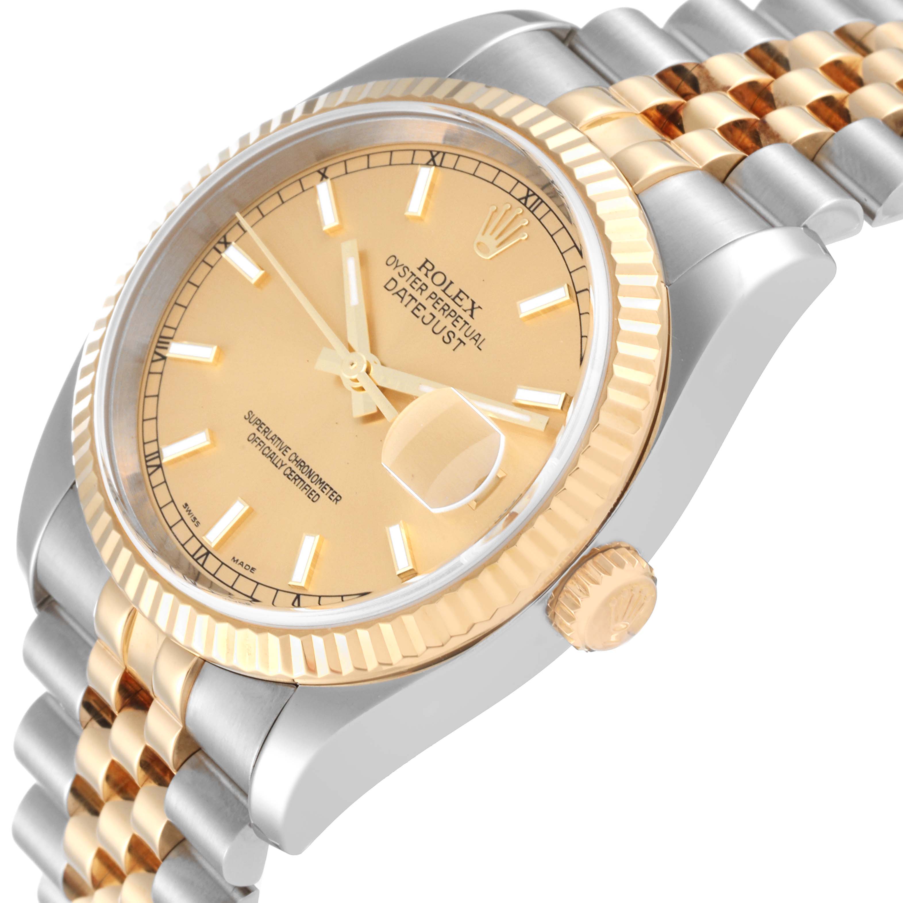 The Rolex Datejust 116233 Men's Steel and Gold (two tone) Champagne Dial 116233 Men's Steel and Gold (two tone) Champagne Dial watch is shown at an angled close-up, highlighting the dial, bezel, crown, and part of the bracelet.