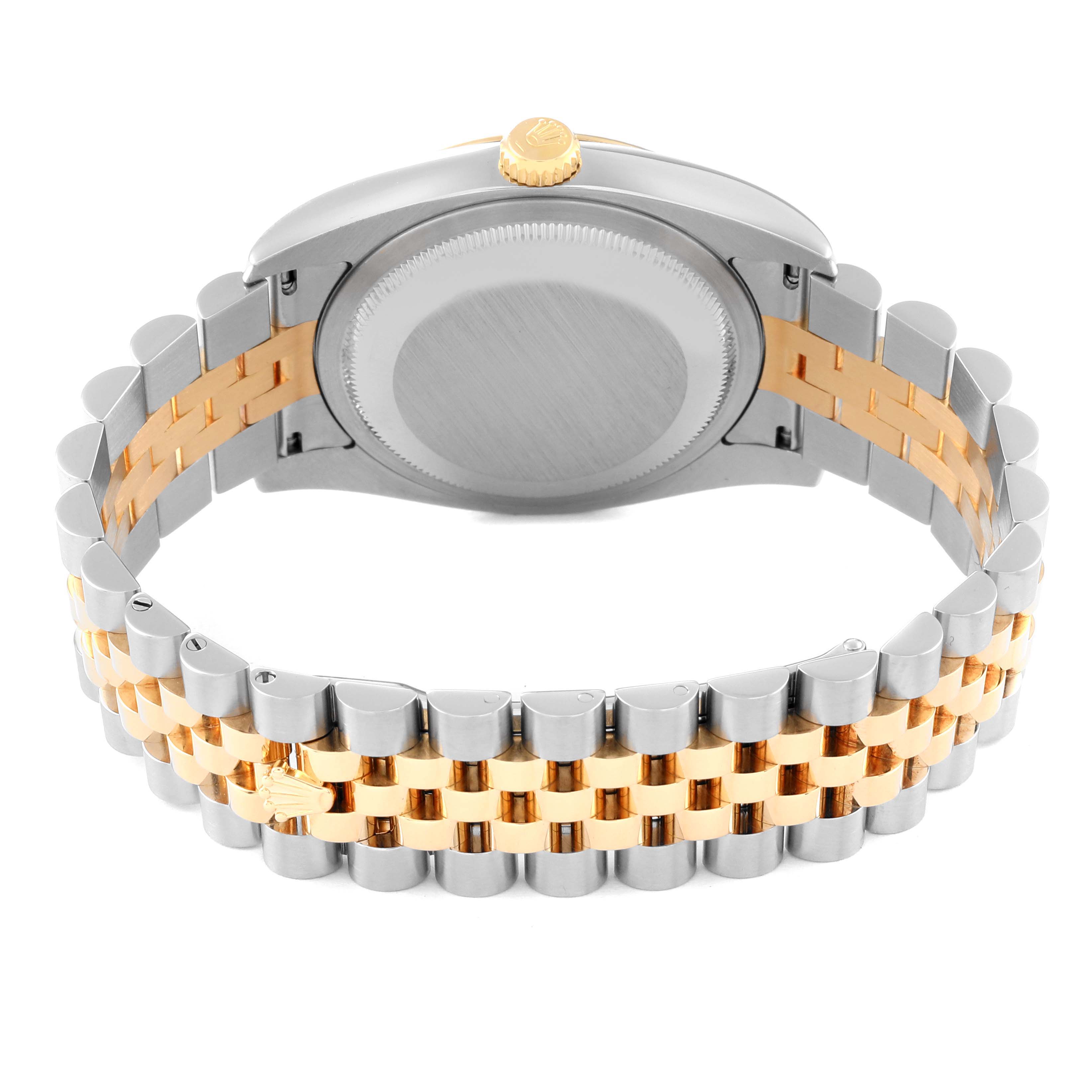 The image shows the back view of a Rolex Datejust 116233 Men's Steel and Gold (two tone) Champagne Dial 116233 Men's Steel and Gold (two tone) Champagne Dial watch, highlighting the case back and two-tone bracelet.