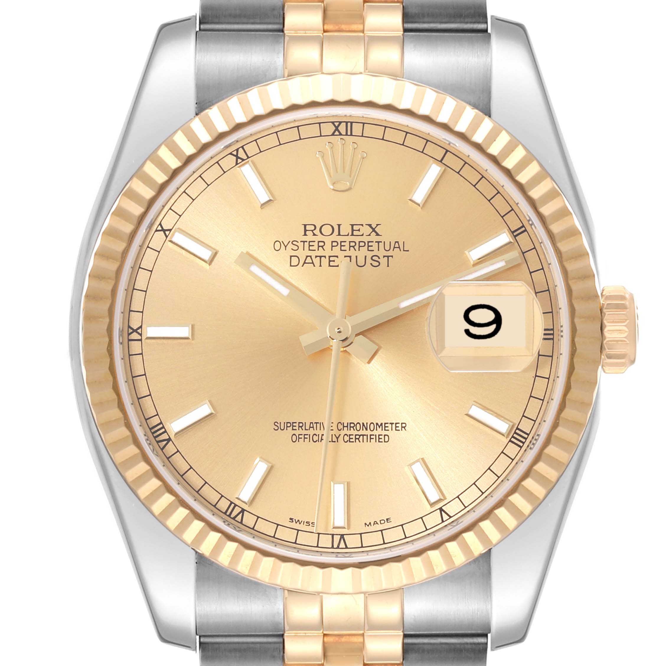 The Rolex Datejust 116233 Men's Steel and Gold (two tone) Champagne Dial 116233 Men's Steel and Gold (two tone) Champagne Dial watch is shown from the front, displaying its dial, date window, and part of the bracelet.
