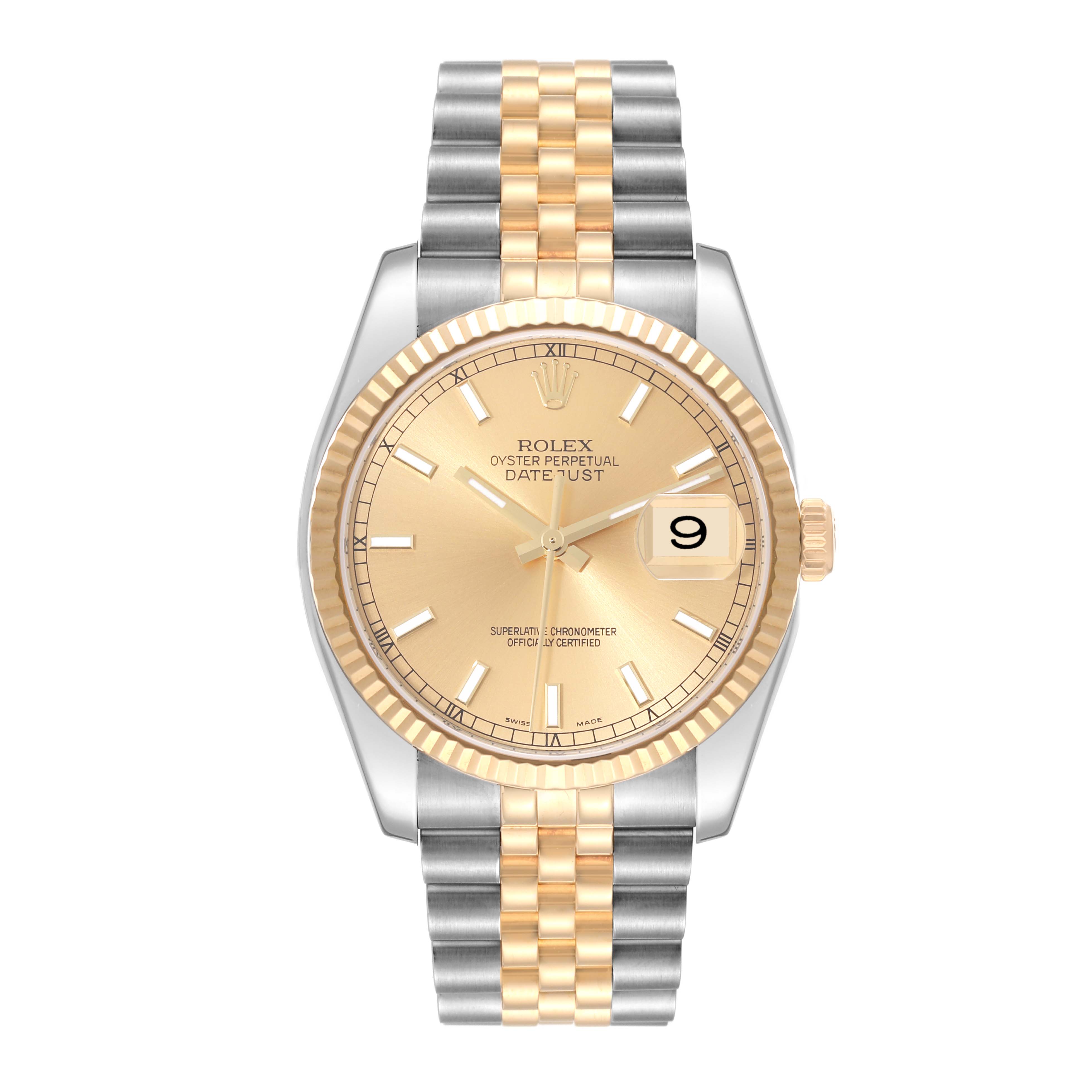 This image shows the Rolex Datejust 116233 Men's Steel and Gold (two tone) Champagne Dial 116233 Men's Steel and Gold (two tone) Champagne Dial model watch from a front angle, highlighting the face, bezel, and two-tone bracelet.